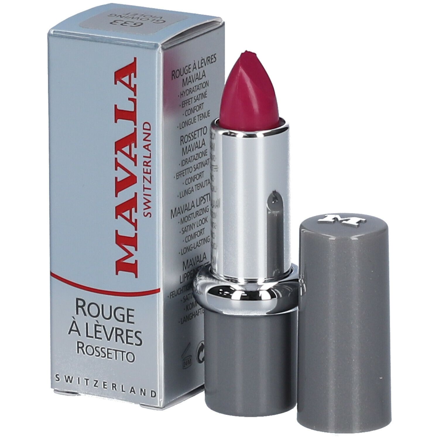 Rouge à lèvres rose vif ouvert avec étui. L'étui affiche le nom de la marque et la désignation du produit.