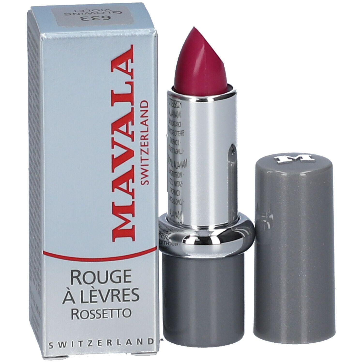 Rouge à lèvres rose vif ouvert avec étui. L'étui affiche le nom de la marque et la désignation du produit.
