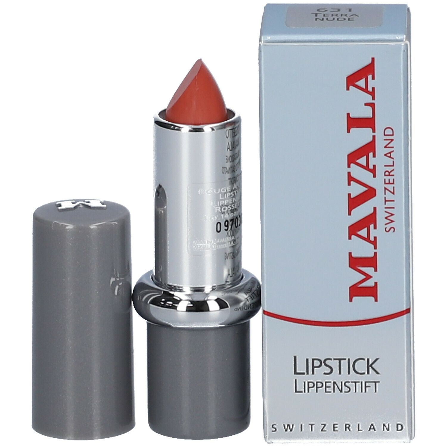 Rouge à lèvres Terra Nude 631 ouvert avec emballage. Boîtier argenté, capuchon gris. Marque MAVALA, Suisse. Lipstick.