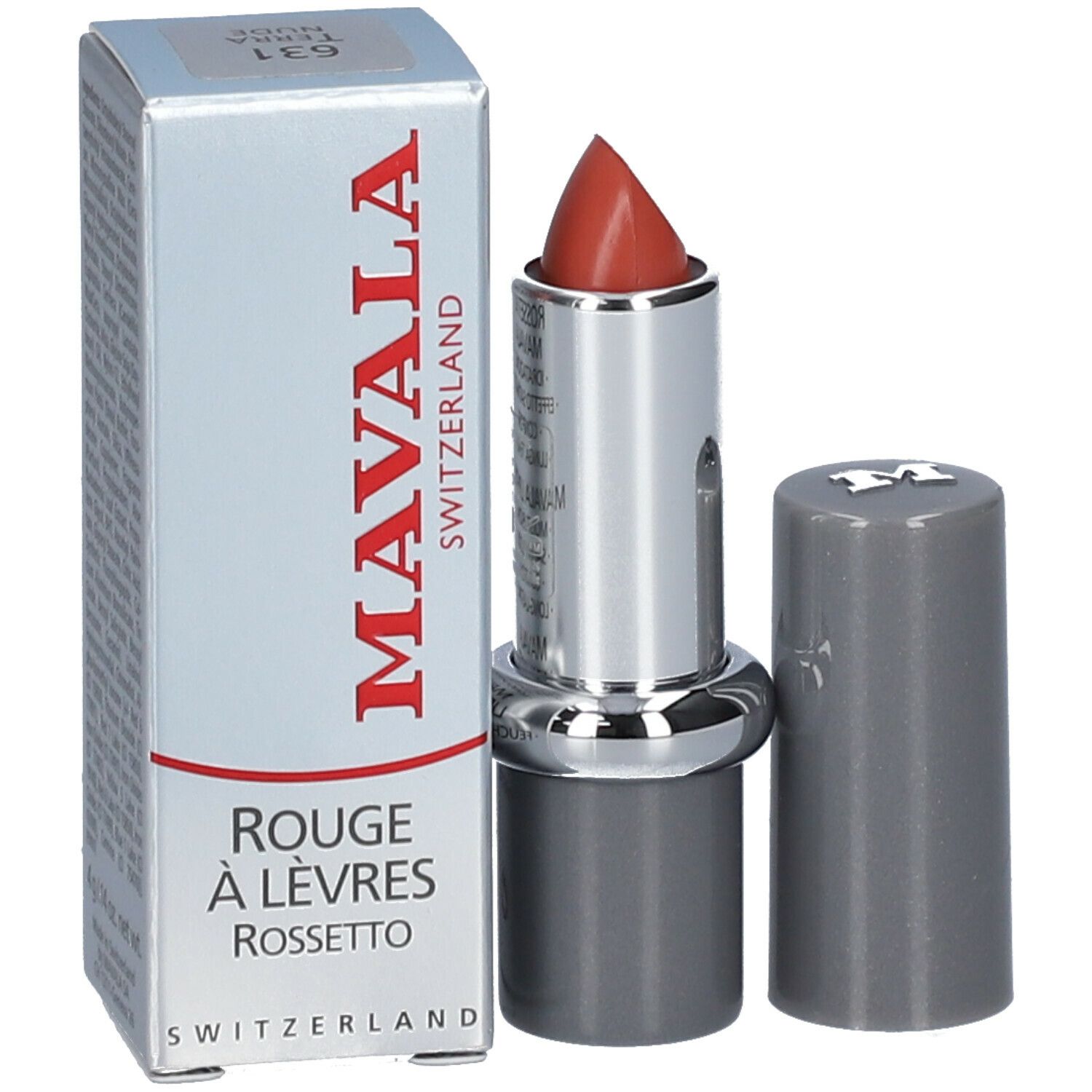 Rouge à lèvres Terra Nude 631 ouvert avec emballage. Boîtier argenté, capuchon gris. Marque MAVALA, Suisse. Rouge à Lèvres.