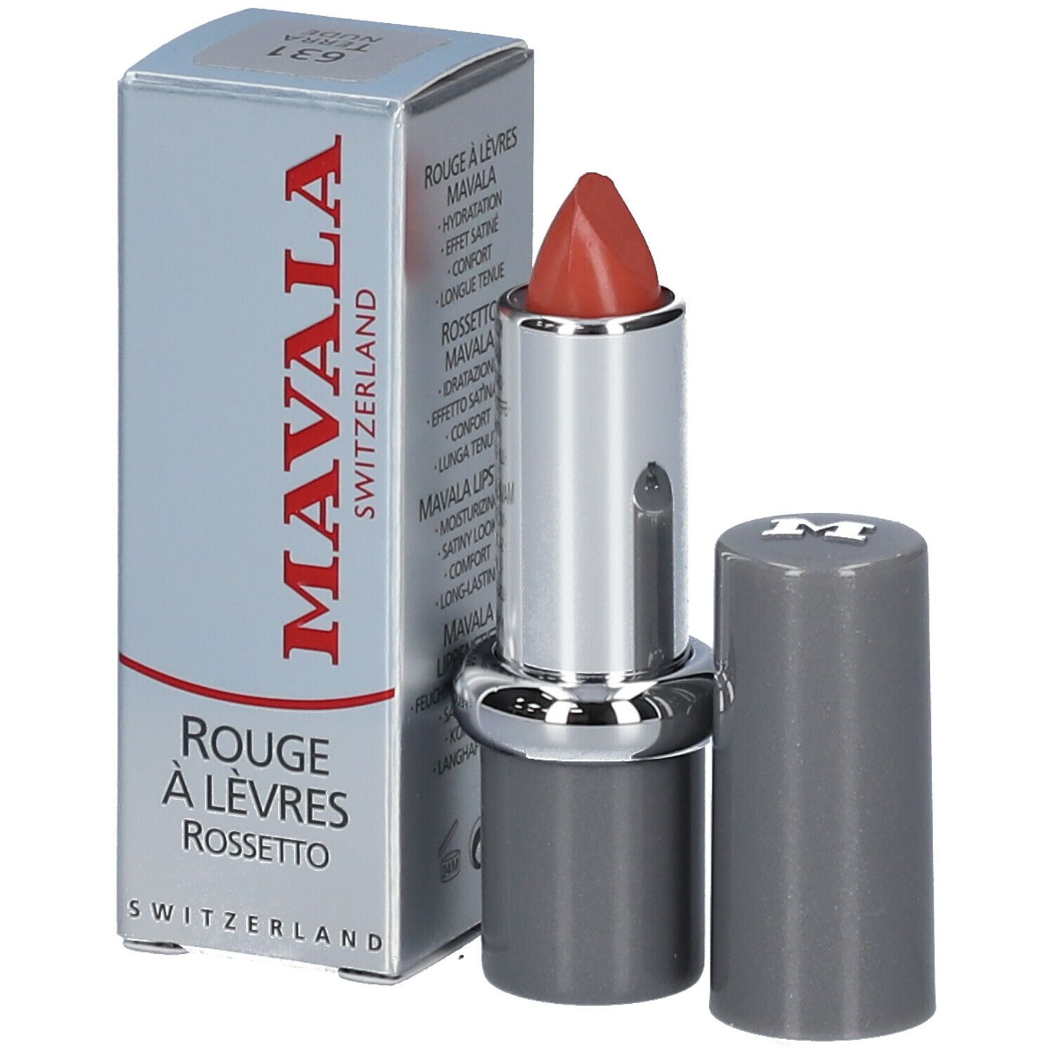 Rouge à lèvres Terra Nude 631 ouvert avec emballage. Boîtier argenté, capuchon gris. Marque MAVALA, Suisse. Rouge à Lèvres.