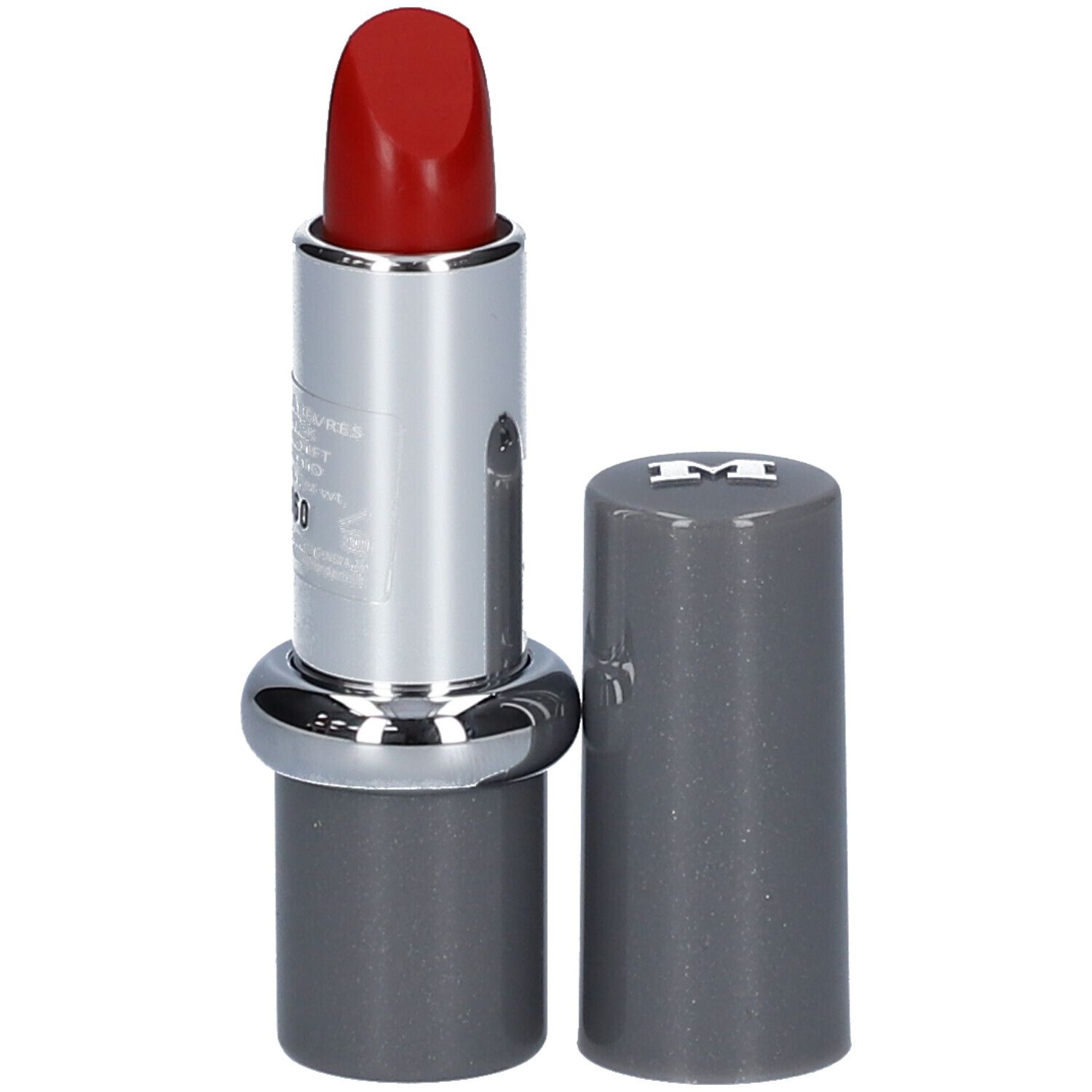 Rouge à lèvres rouge, étui argenté, capuchon gris à côté. MAVALA.