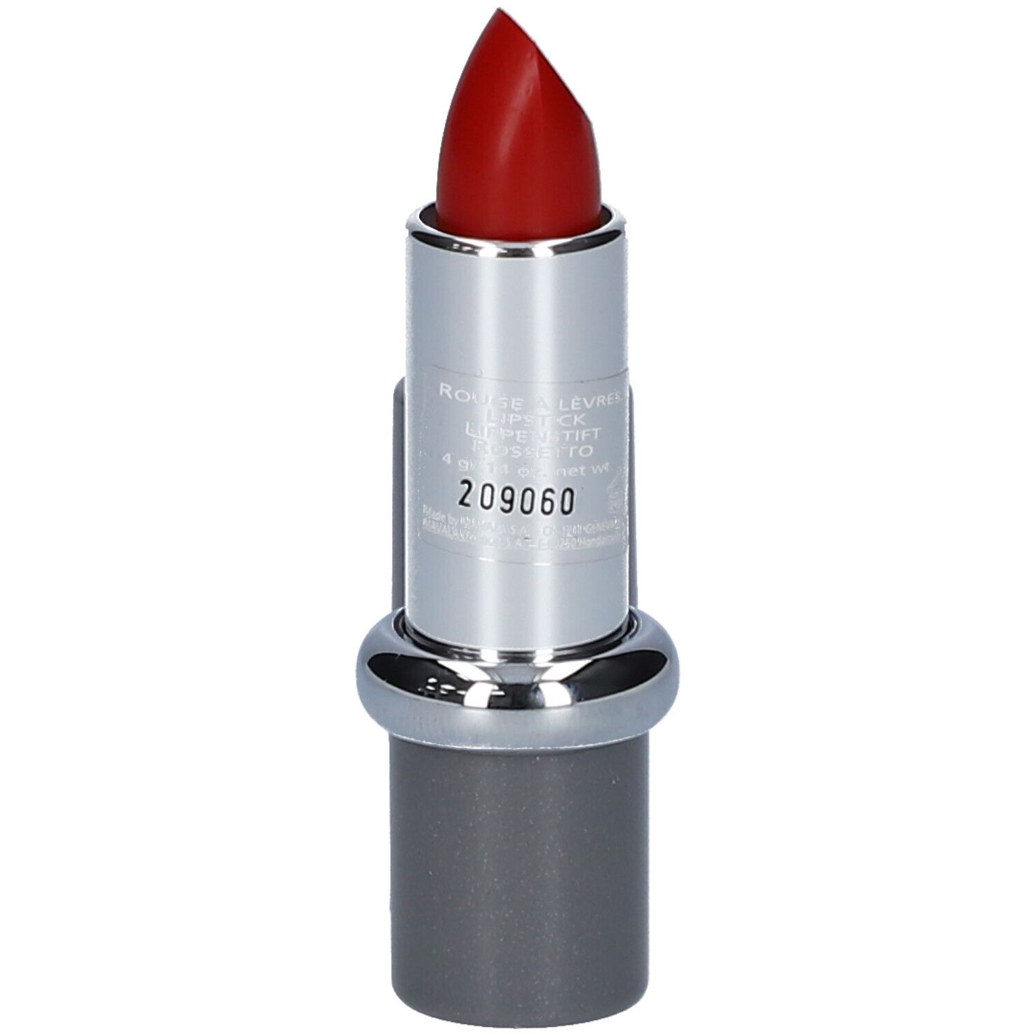 Rouge à lèvres rouge, étui argenté, capuchon gris à côté. MAVALA.