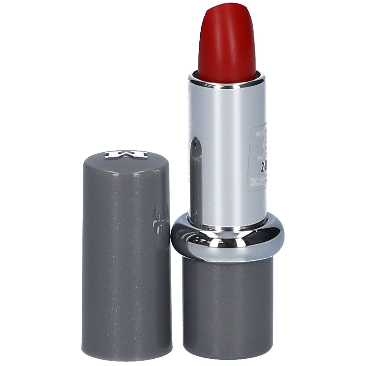 Rouge à lèvres rouge, étui argenté, capuchon gris à côté. MAVALA.