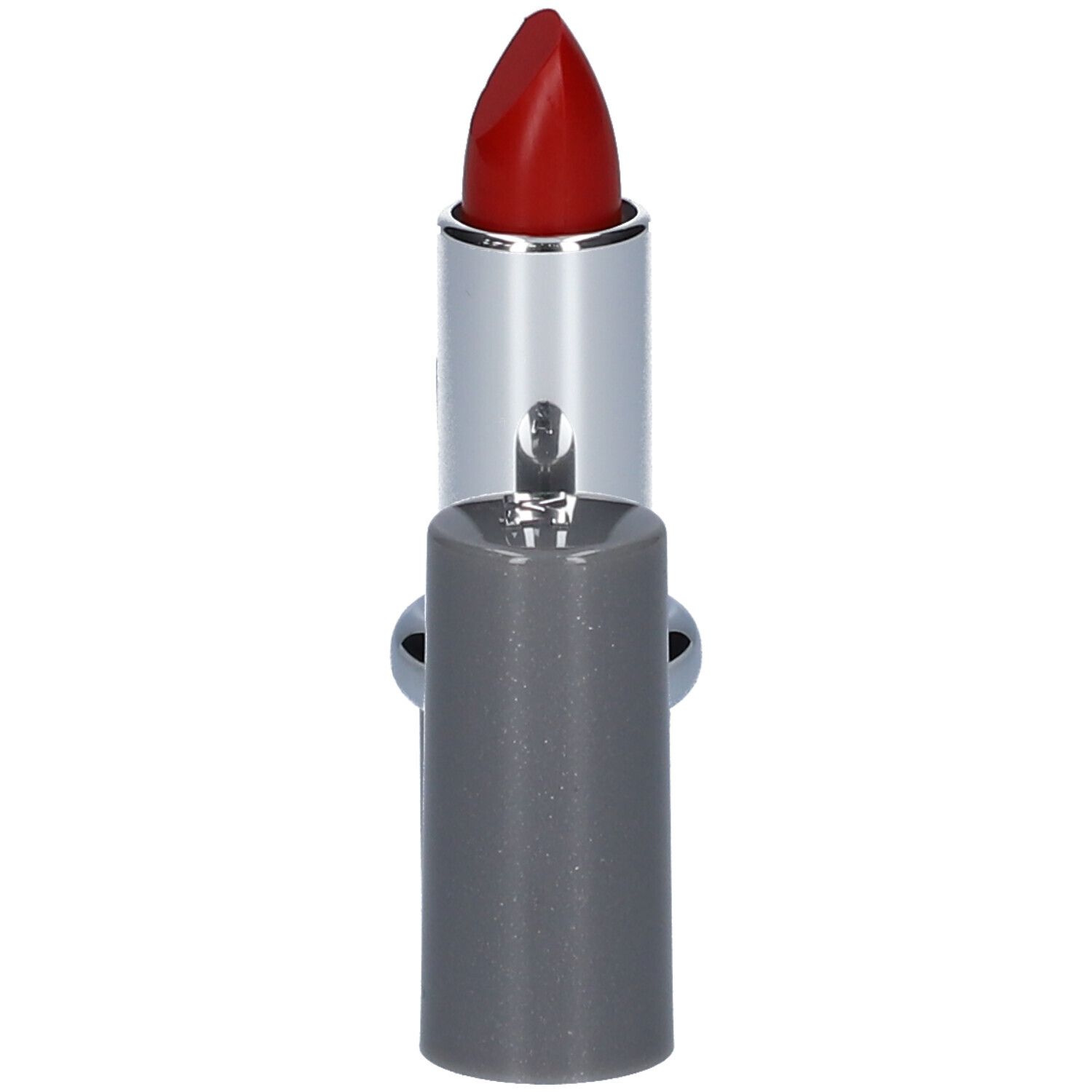 Rouge à lèvres rouge, étui argenté, capuchon gris à côté. MAVALA.