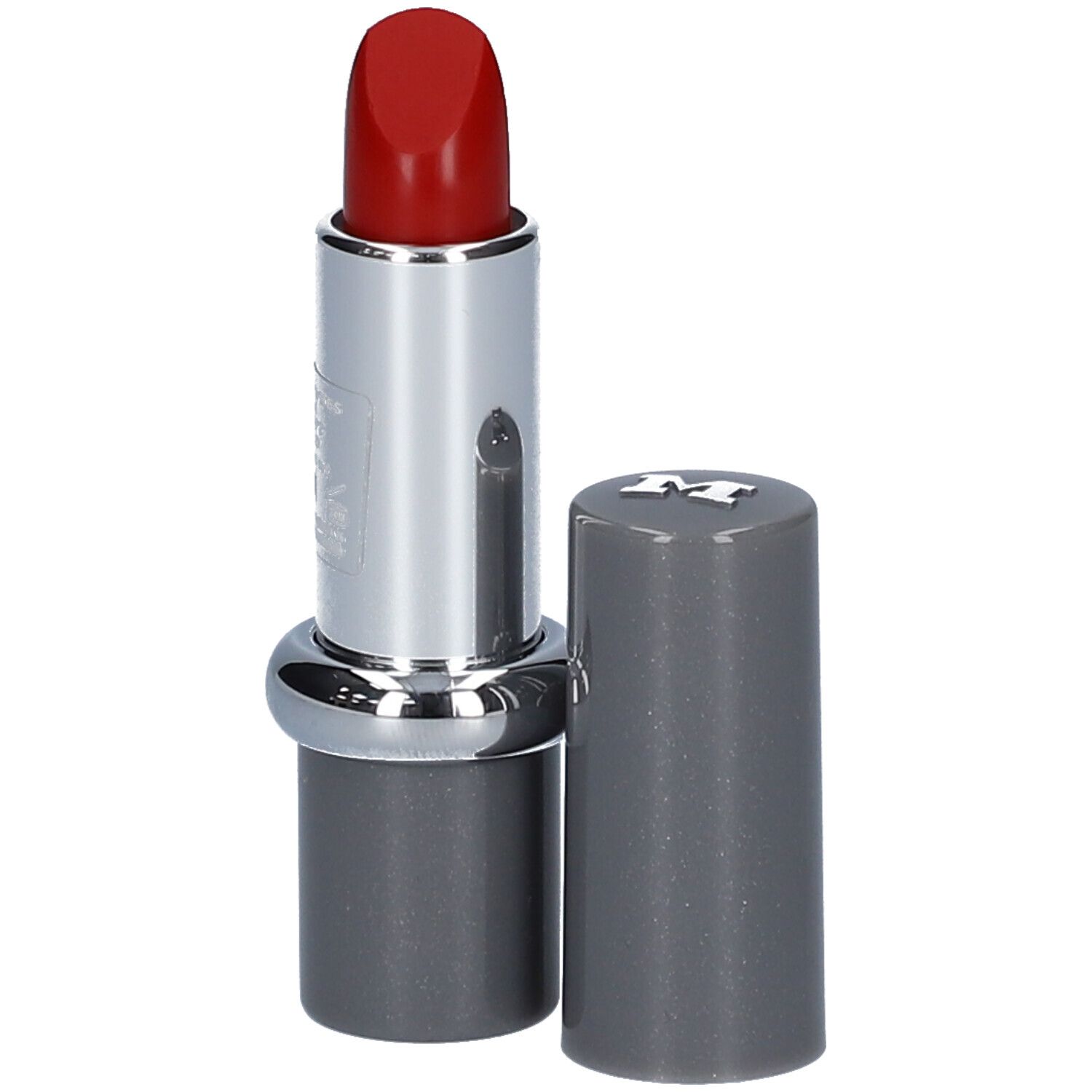 Rouge à lèvres rouge, étui argenté, capuchon gris à côté. MAVALA.