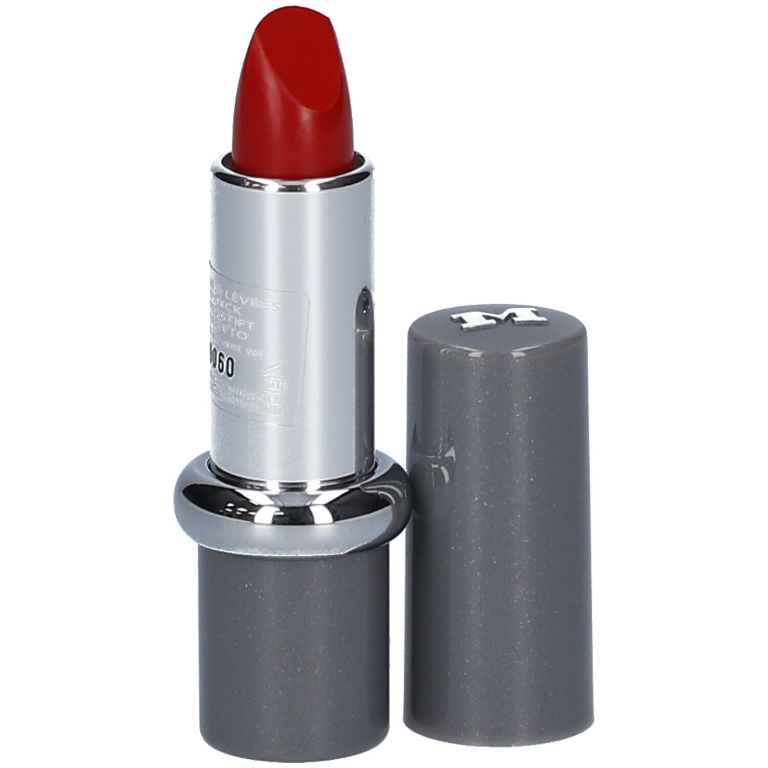 Rouge à lèvres rouge, étui argenté, capuchon gris à côté. MAVALA.