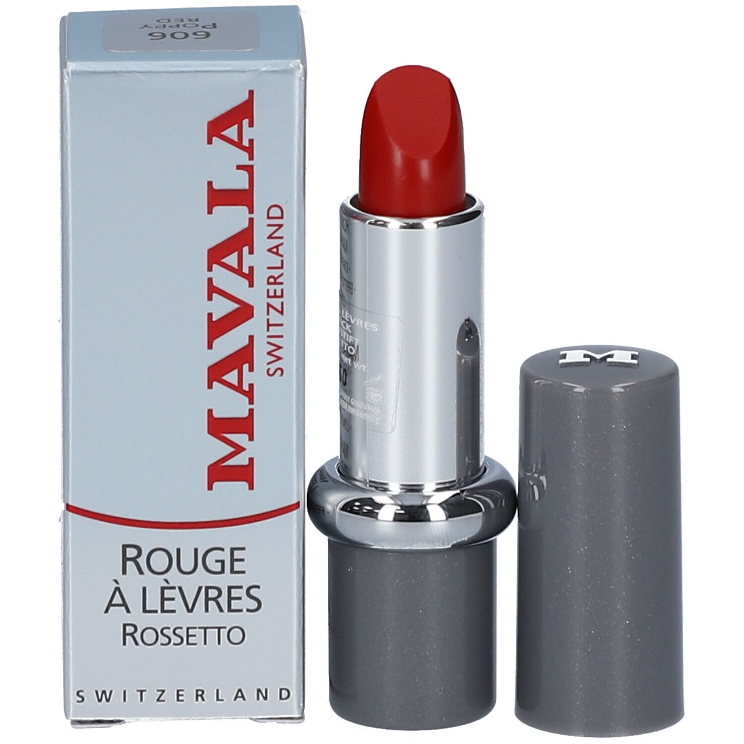 Rouge à lèvres rouge, étui argenté, capuchon gris à côté. MAVALA, avec emballage.