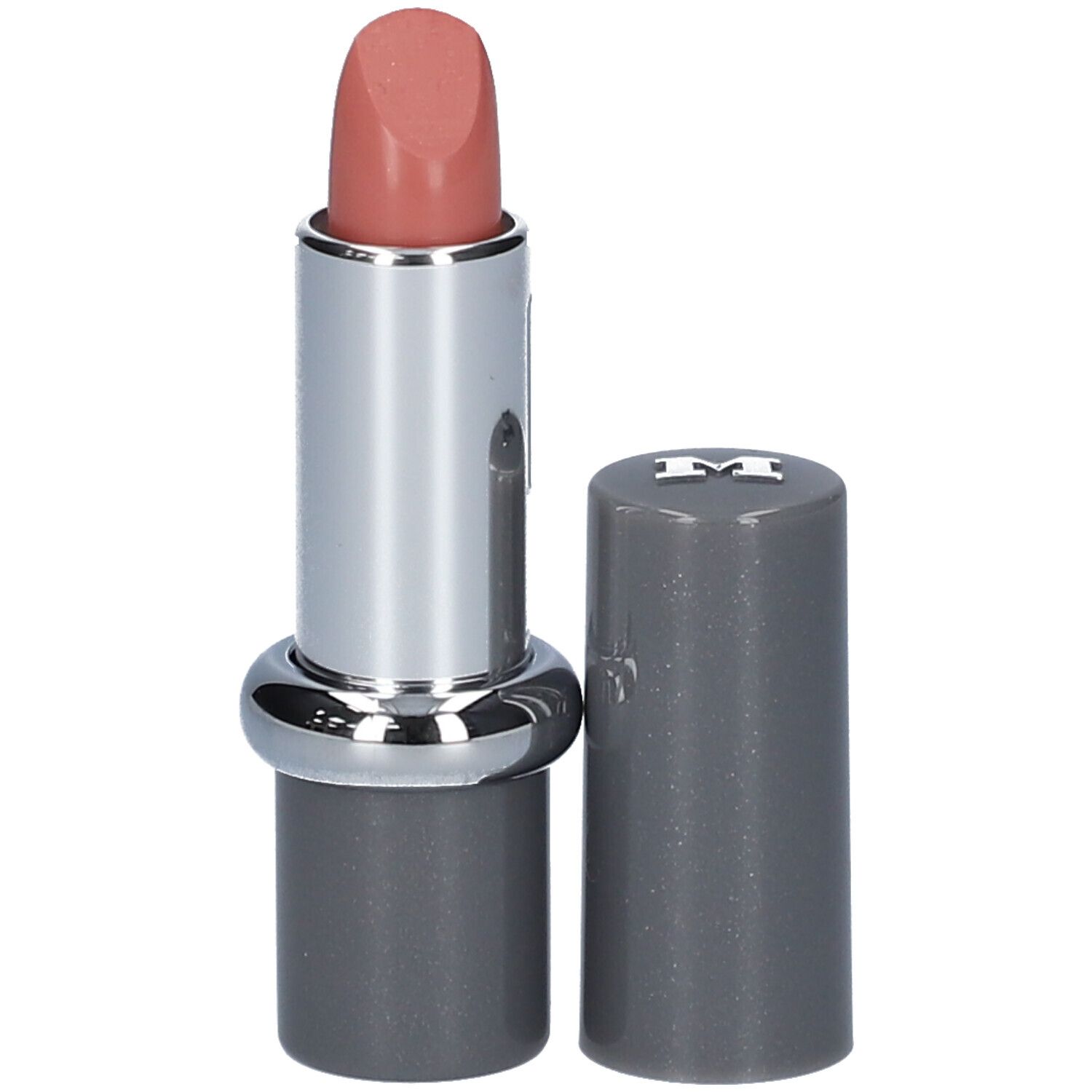 Rouge à lèvres ouvert. Corps argenté, capuchon gris. Rouge à lèvres nude rosé.