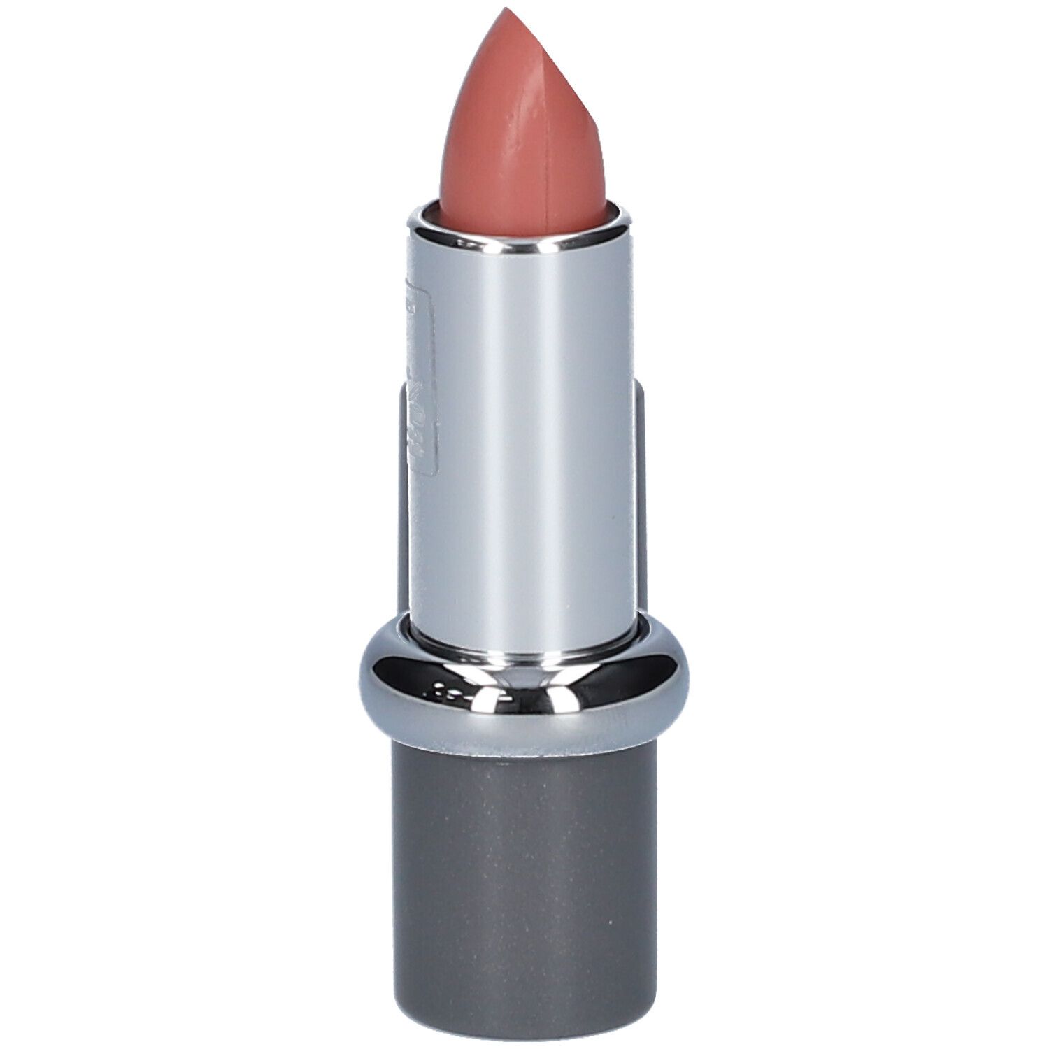 Rouge à lèvres ouvert. Corps argenté, capuchon gris. Rouge à lèvres nude rosé.