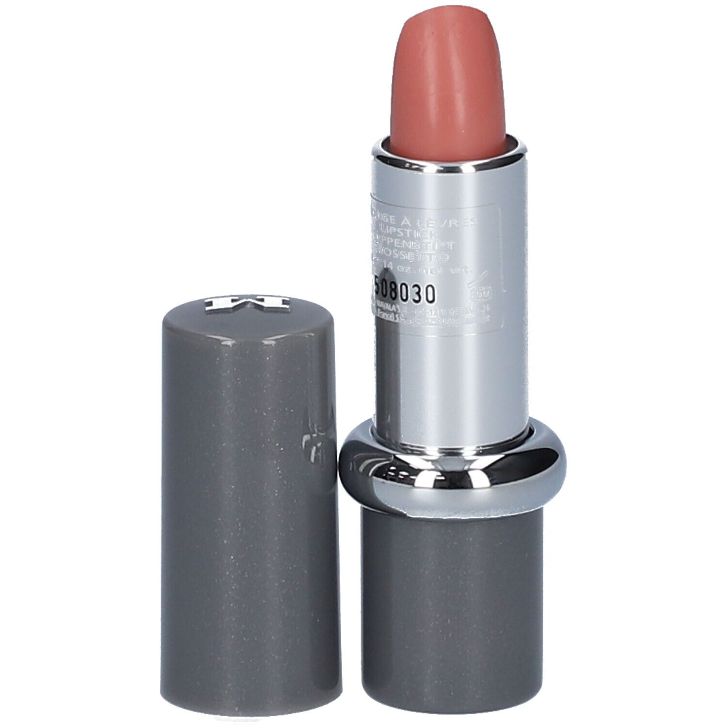 Rouge à lèvres ouvert. Corps argenté, capuchon gris. Rouge à lèvres nude rosé.