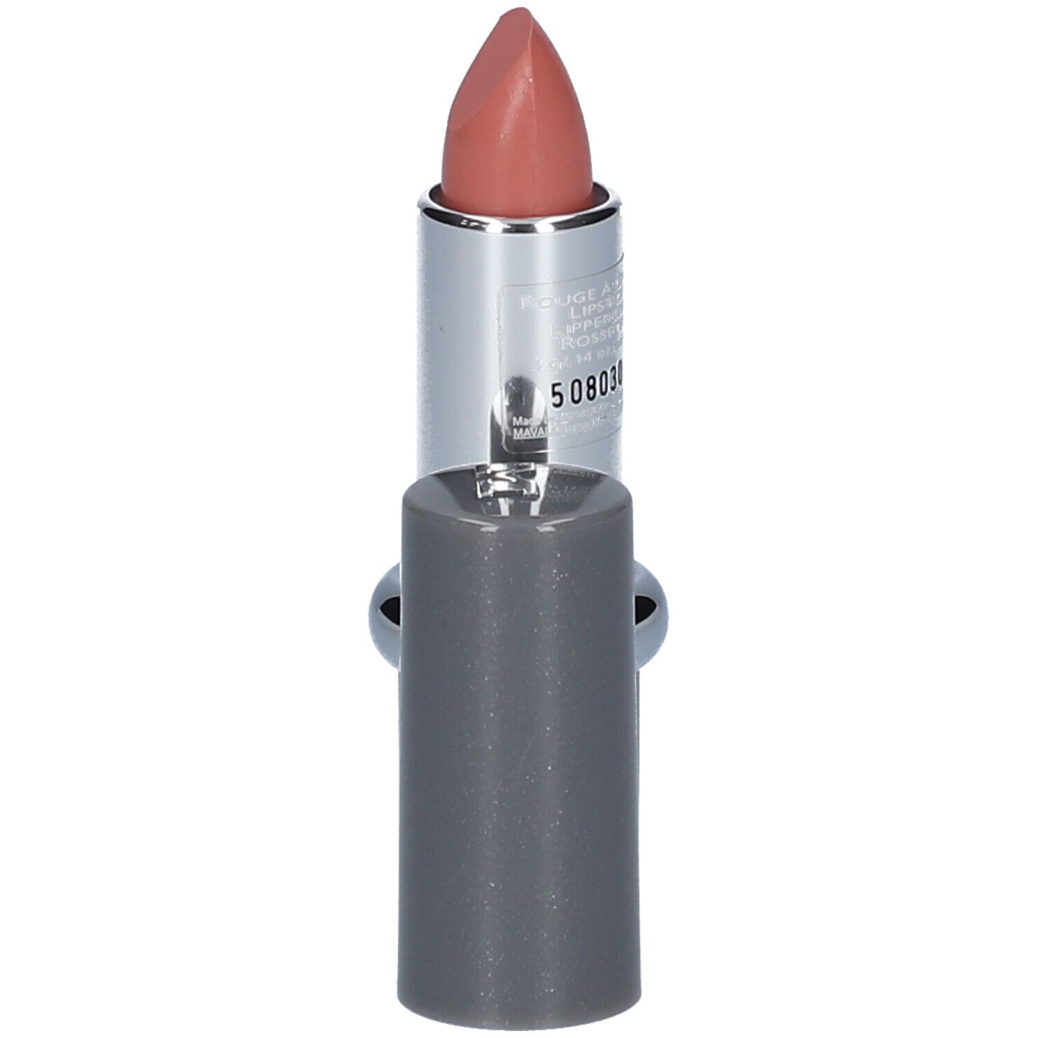 Rouge à lèvres ouvert. Corps argenté, capuchon gris. Rouge à lèvres nude rosé.