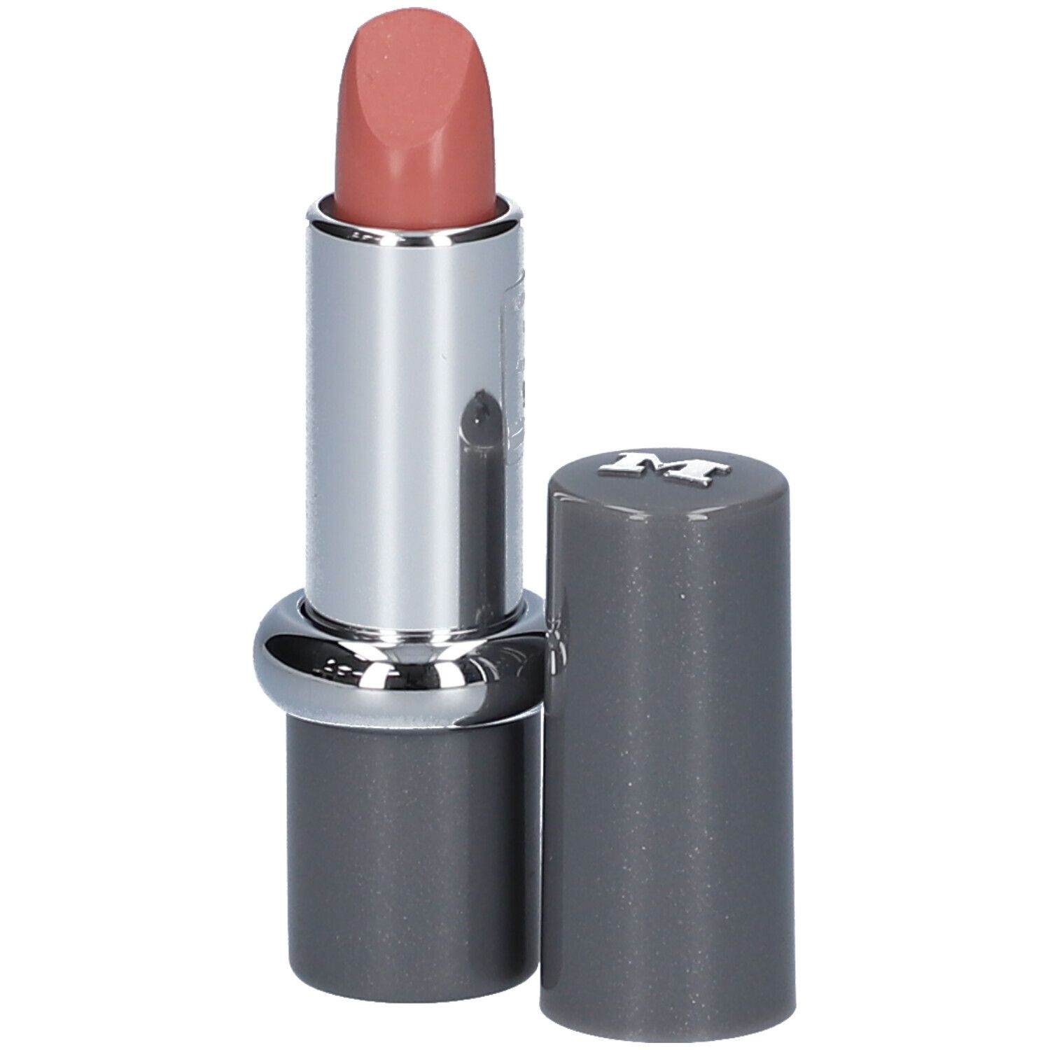 Rouge à lèvres ouvert. Corps argenté, capuchon gris. Rouge à lèvres nude rosé.