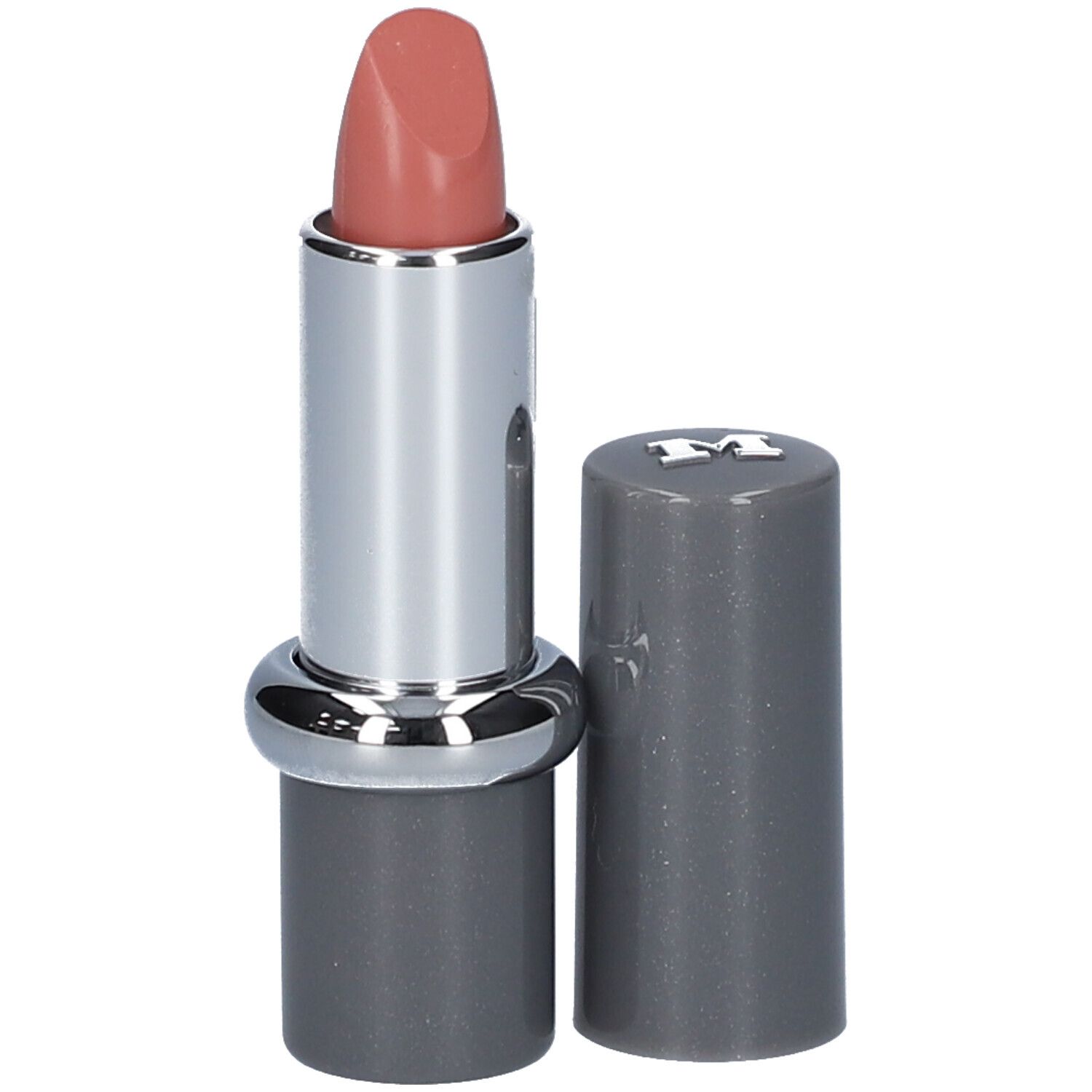 Rouge à lèvres ouvert. Corps argenté, capuchon gris. Rouge à lèvres nude rosé.