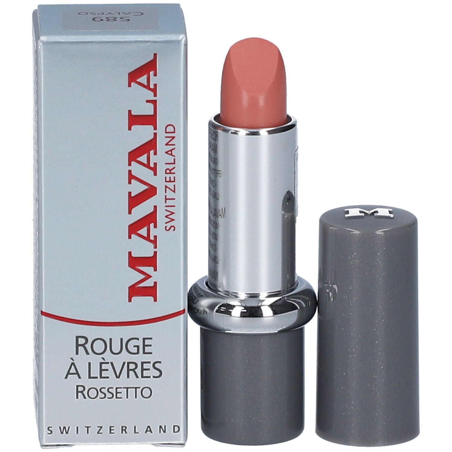 Rouge à lèvres avec emballage. Corps argenté, capuchon gris. Rouge à lèvres nude rosé. Emballage avec logo.