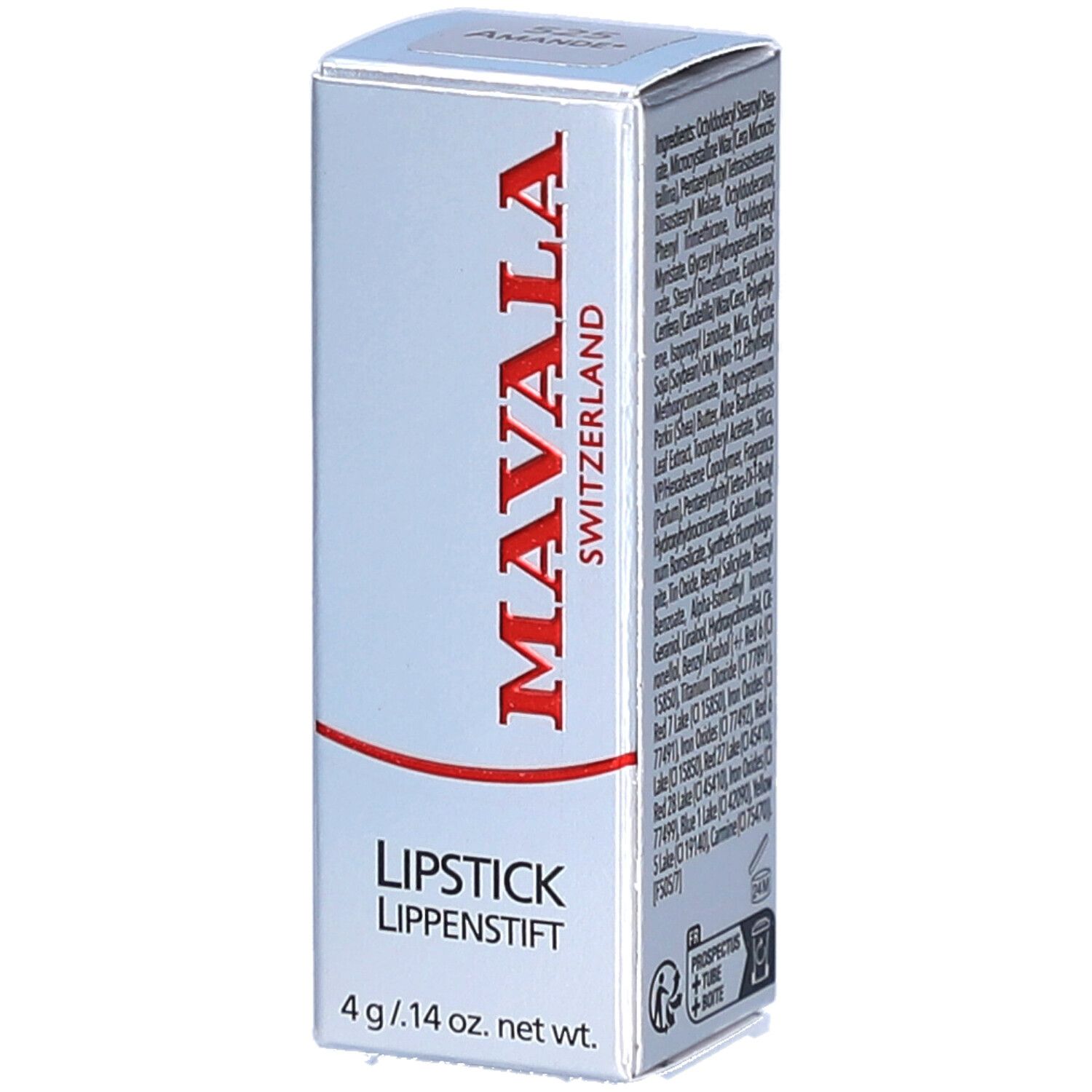 Boîte de rouge à lèvres MAVALA. Texte: LIPSTICK, LIPPENSTIFT. 4 g / .14 oz. net wt. Inscription: MAVALA SWITZERLAND.