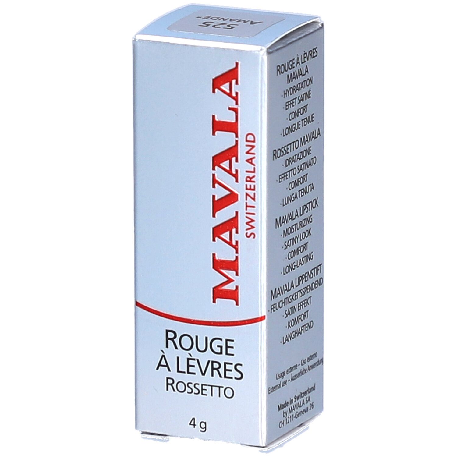 Boîte de rouge à lèvres MAVALA. Inscriptions: ROUGE À LÈVRES, ROSSETTO. 4 g. Inscription: 525 Amande.