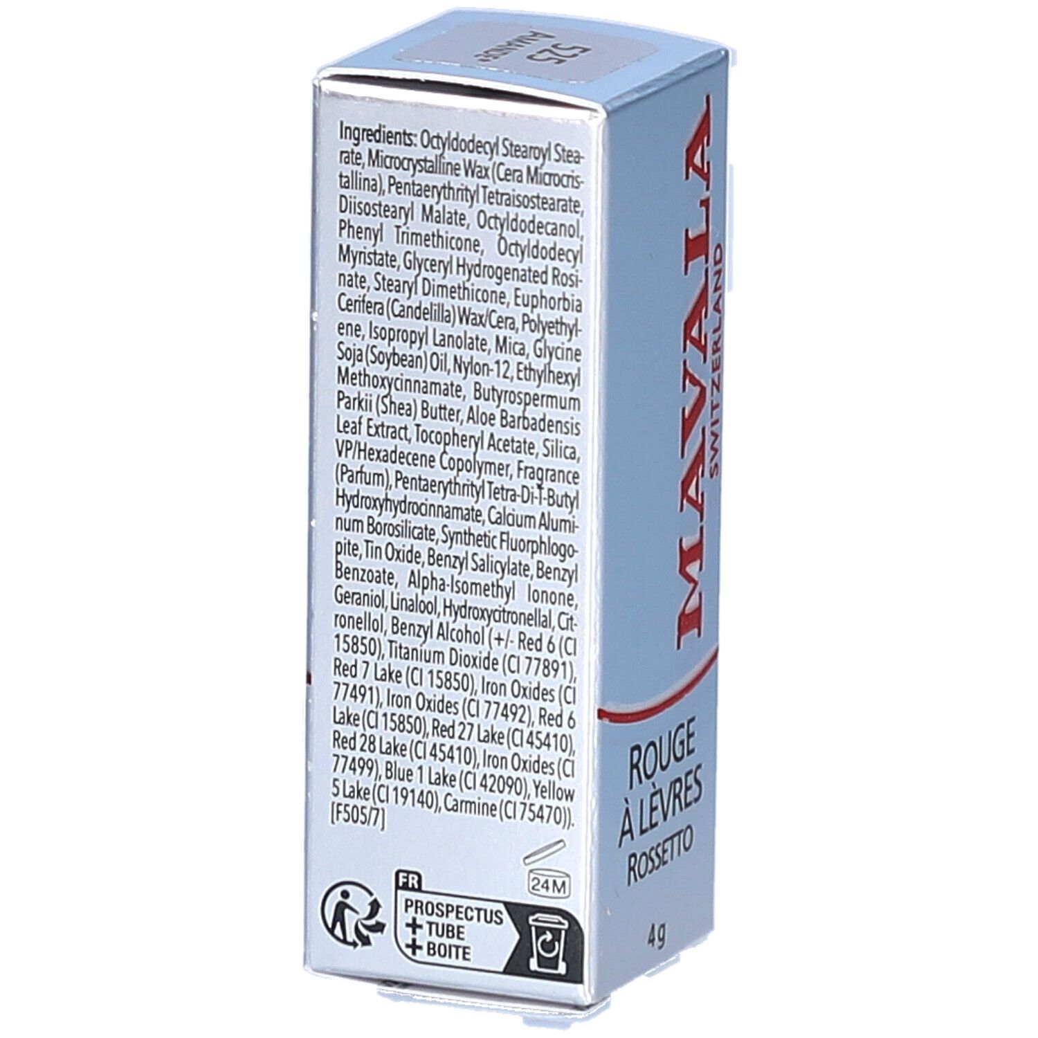 Boîte de rouge à lèvres MAVALA. Inscriptions: ROUGE À LÈVRES, ROSSETTO. 4 g. Ingrédients au dos.