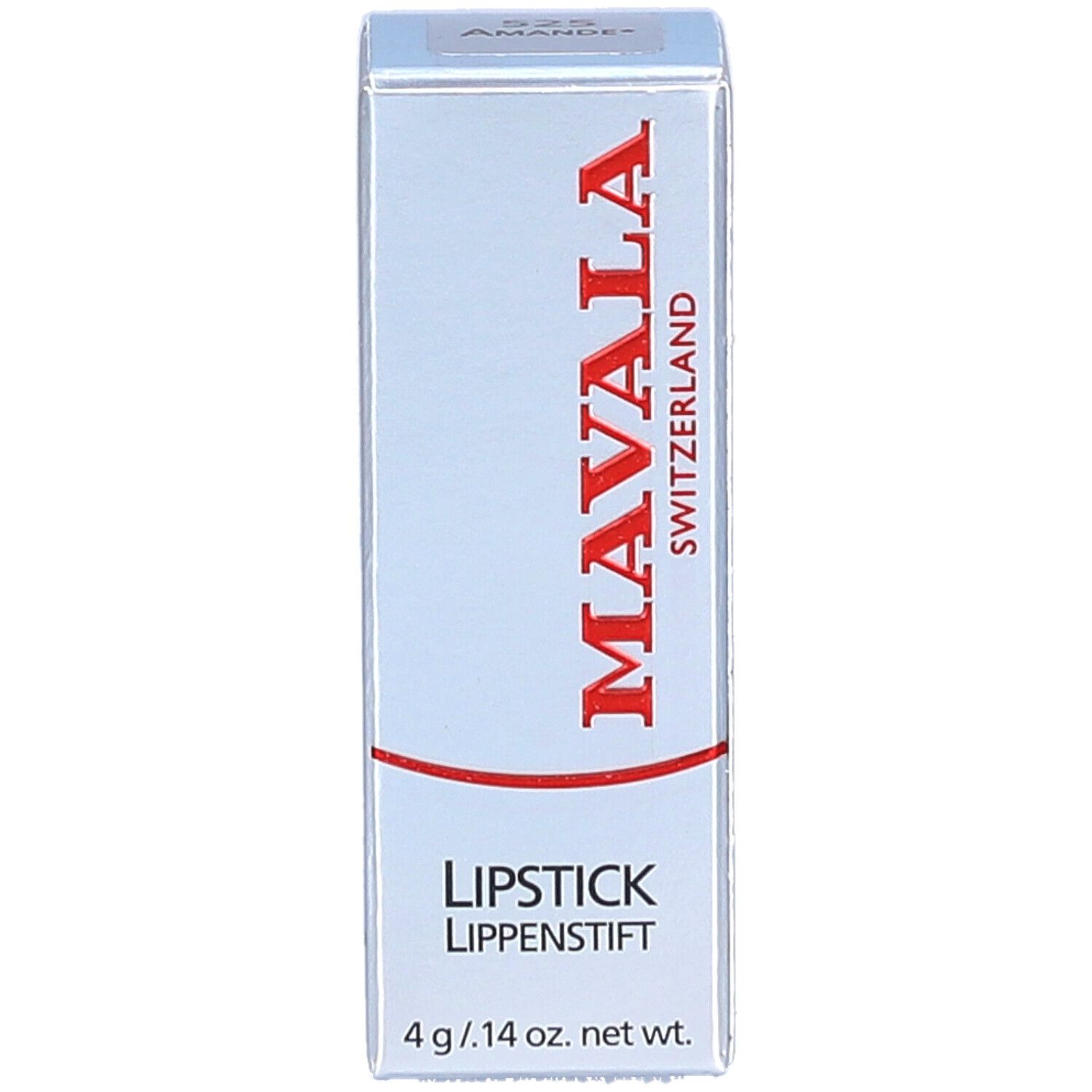 Boîte de rouge à lèvres MAVALA. Inscriptions: LIPSTICK, LIPPENSTIFT. 4 g / .14 oz. net wt. Inscription: 525 Amande.