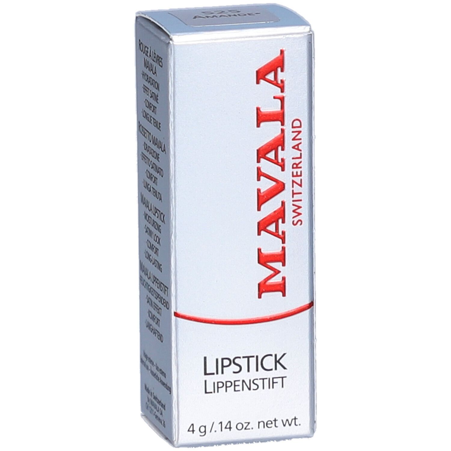 Boîte de rouge à lèvres MAVALA. Inscriptions: LIPSTICK, LIPPENSTIFT. 4 g / .14 oz. net wt. Inscription: 525 Amande.