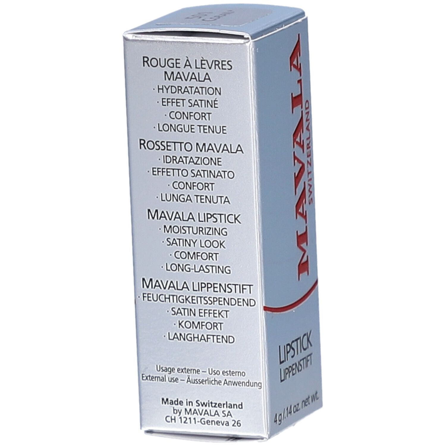 Côté de la boîte de rouge à lèvres. Texte multilingue: Rouge à Lèvres, Rossetto, Lipstick, MAVALA Lippenstift. Fabriqué en Suisse.
