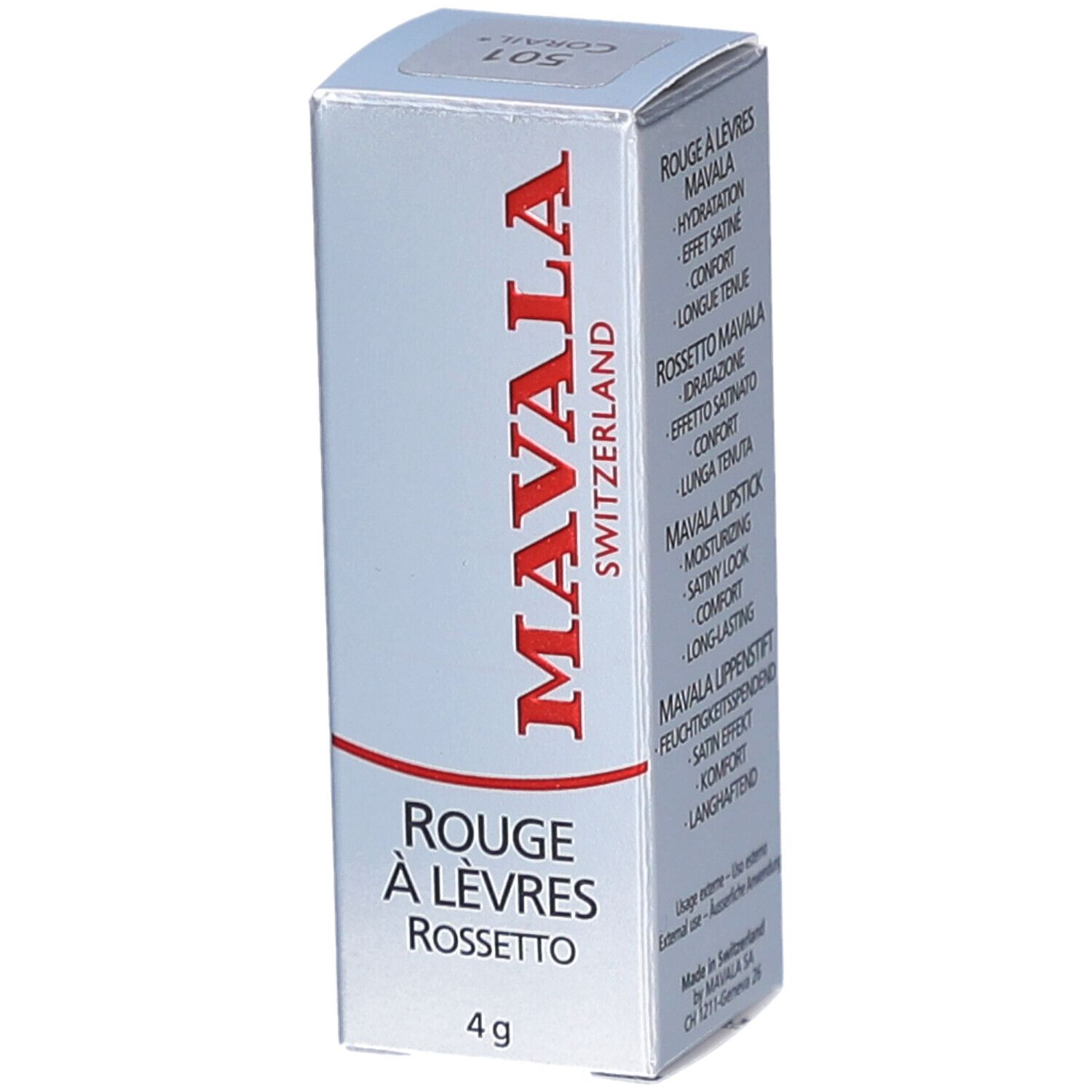Boîte de rouge à lèvres. Marque MAVALA, texte rouge. En bas: "ROUGE À LÈVRES ROSSETTO". Poids: 4 g.