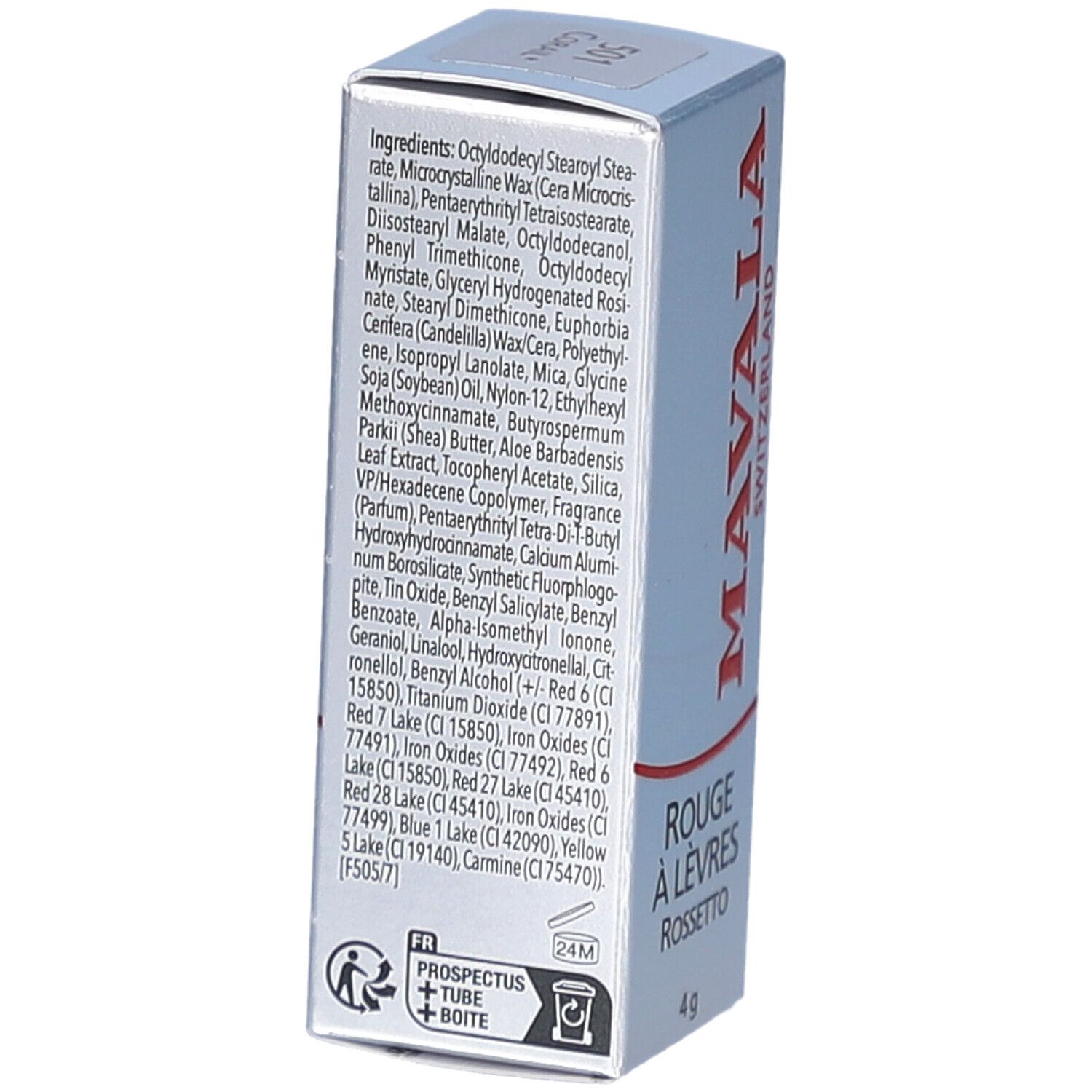 Dos de la boîte de rouge à lèvres. Liste des ingrédients. Marque MAVALA. Texte: ROUGE À LÈVRES ROSSETTO. Poids: 4 g.