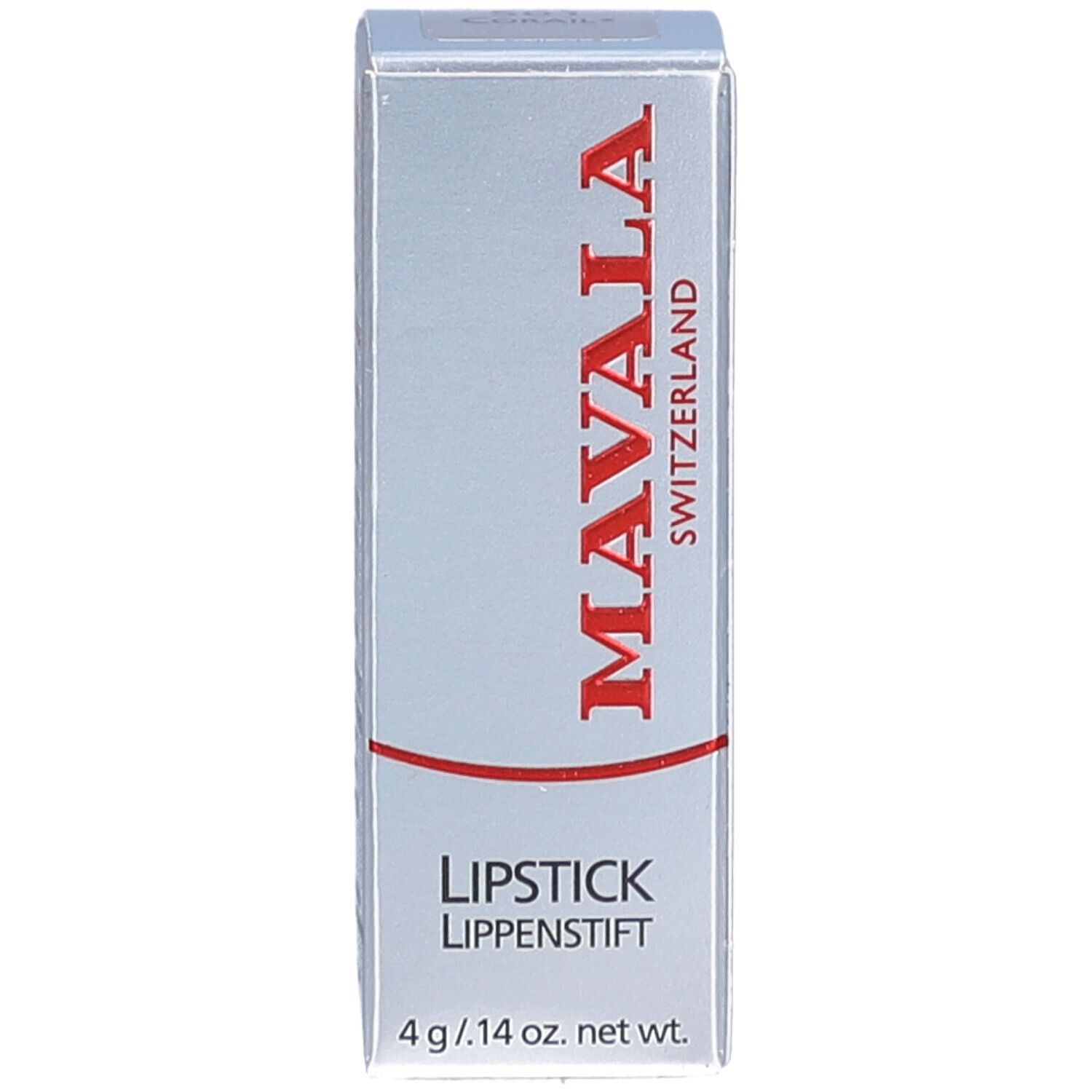 Boîte de rouge à lèvres MAVALA. Inscription rouge. En bas: "LIPSTICK LIPPENSTIFT". Poids: 4 g / .14 oz. net wt.