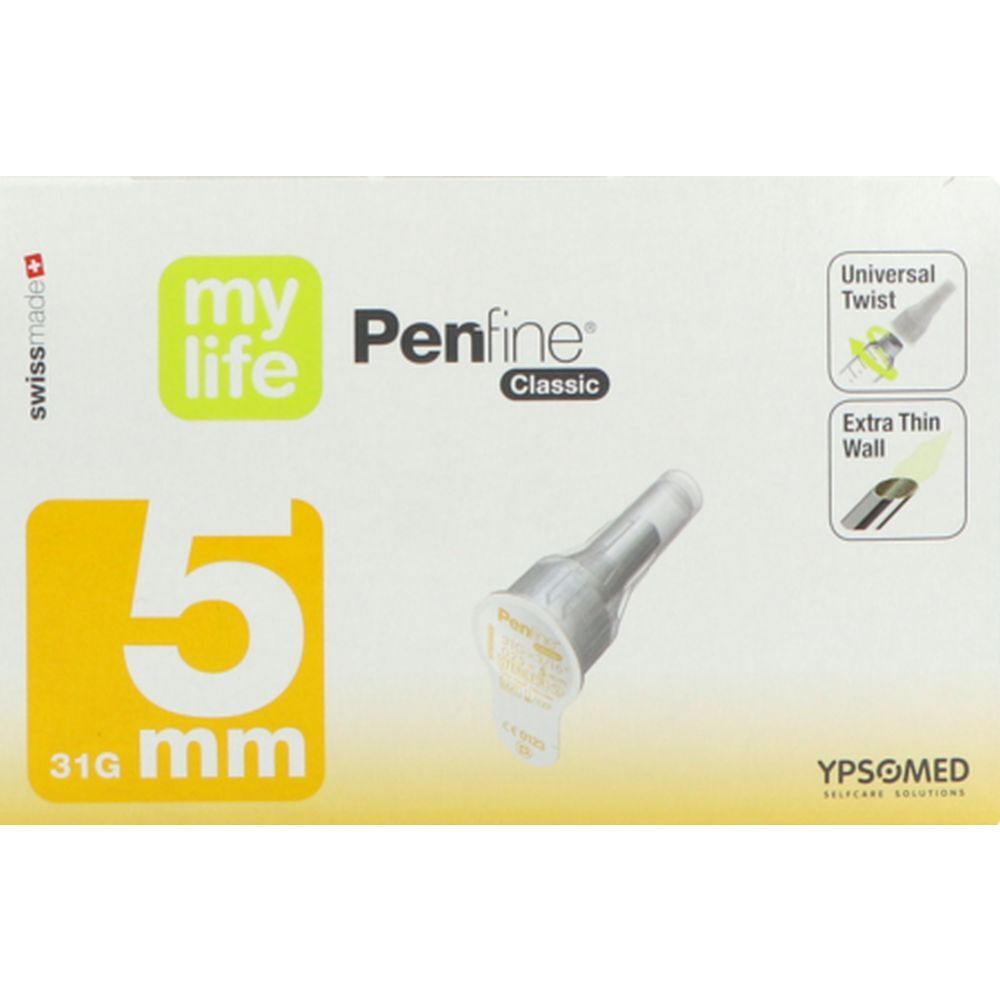 Boîte avec détails produit : 5 mm, 31G, mylife Penfine Classic. Fabriqué en Suisse.