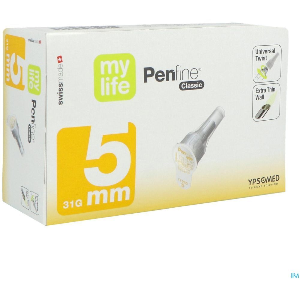 Boîte avec détails produit : 5 mm, 31G, mylife Penfine Classic. Fabriqué en Suisse.