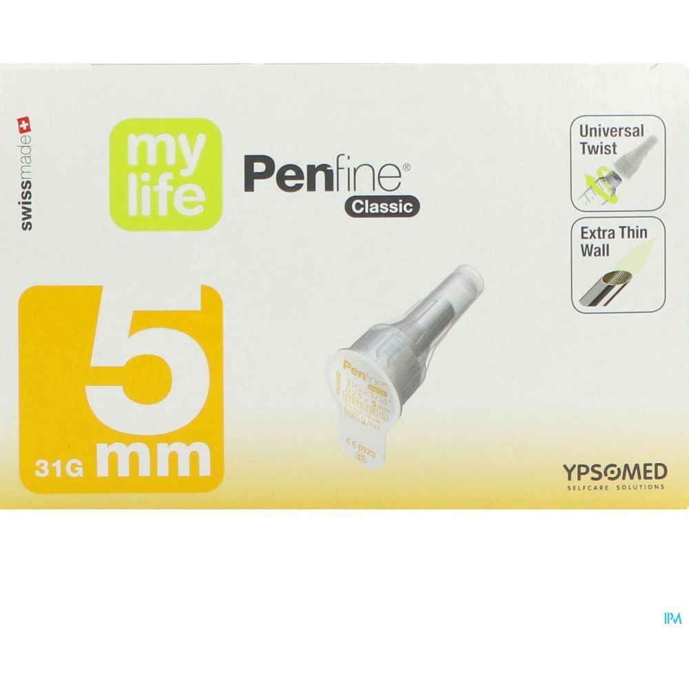 Boîte avec détails produit : 5 mm, 31G, mylife Penfine Classic. Fabriqué en Suisse.