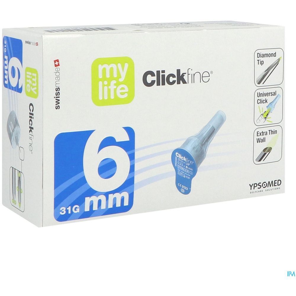 Emballage du produit avec image. Inscription : mylife Clickfine, 6 mm, 31G. Qualité suisse. Schémas : Diamond Tip, Universal Click, Extra Thin Wall.