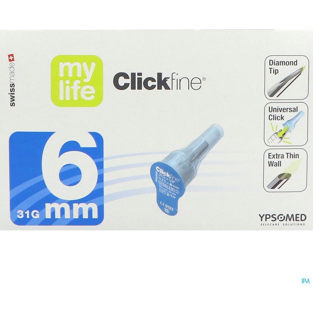 Emballage du produit avec image. Inscription : mylife Clickfine, 6 mm, 31G. Qualité suisse. Schémas : Diamond Tip, Universal Click, Extra Thin Wall.