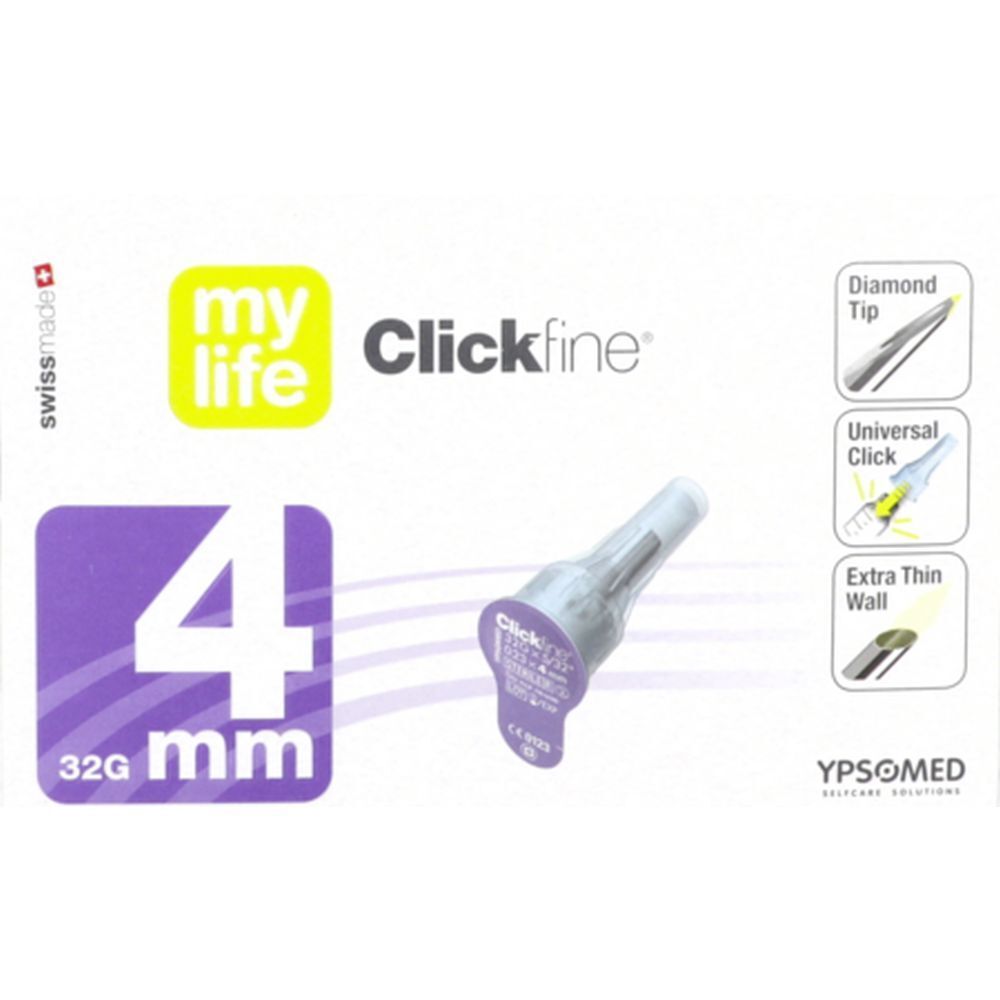 Aiguille sur emballage. Inscription: mylife Clickfine, 4 mm, 32G, Diamond Tip, Swiss Made. Ypsomed.