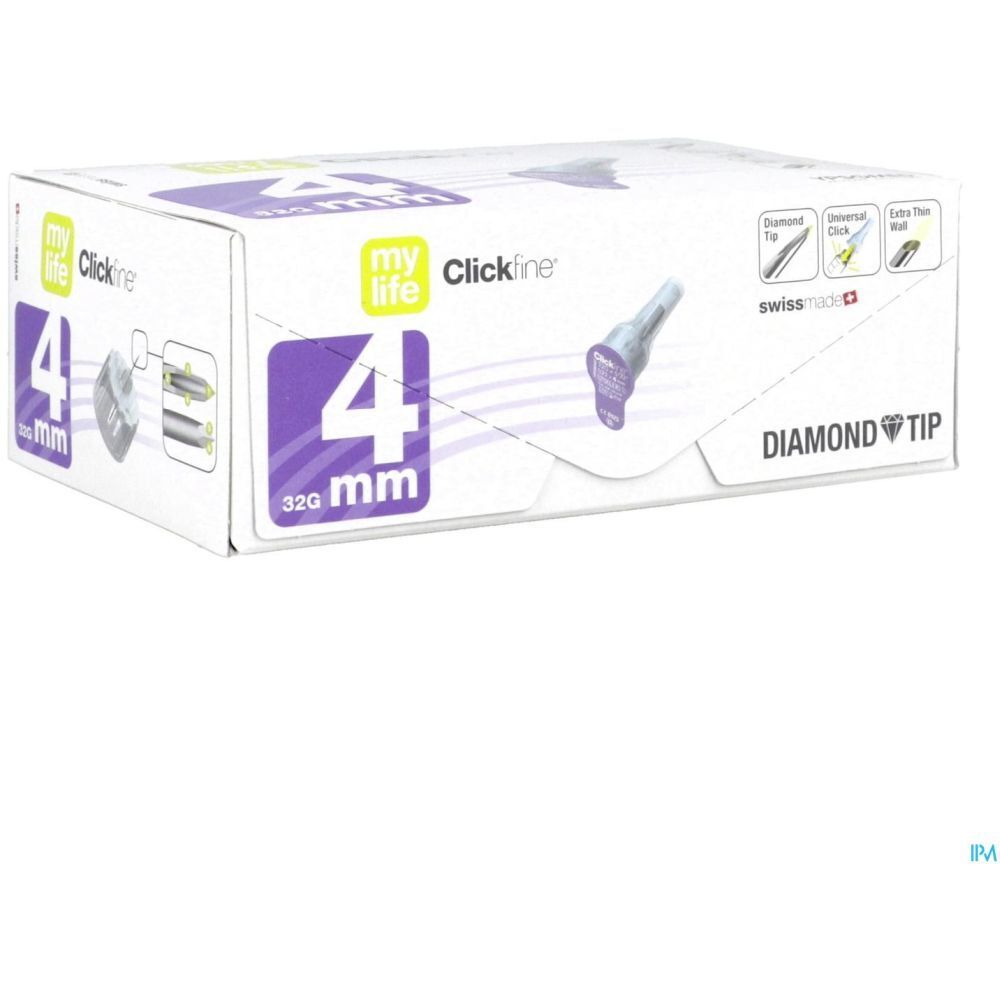 Emballage d'aiguilles. Inscription: mylife Clickfine, 4 mm, 32G, Diamond Tip, Swiss Made. Ypsomed.
