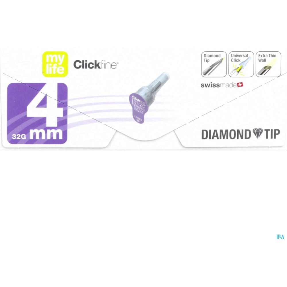 Aiguille sur emballage. Inscription: mylife Clickfine, 4 mm, 32G, Diamond Tip, Swiss Made.