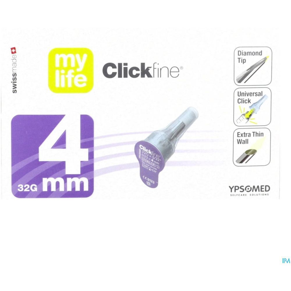 Aiguille sur emballage. Inscription: mylife Clickfine, 4 mm, 32G, Diamond Tip, Swiss Made. Ypsomed.