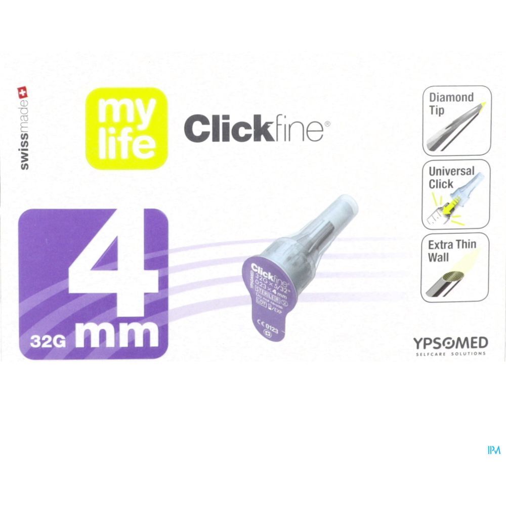 Aiguille sur emballage. Inscription: mylife Clickfine, 4 mm, 32G, Diamond Tip, Swiss Made. Ypsomed.