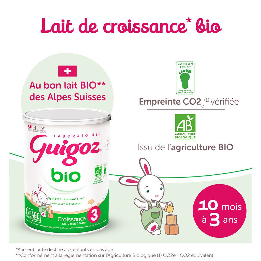 Publicité pour GUIGOZ® BIO Croissance 3. Produit à côté d'illustrations. Croix suisse. Label AB bio. Pour enfants de 10 mois à 3 ans.