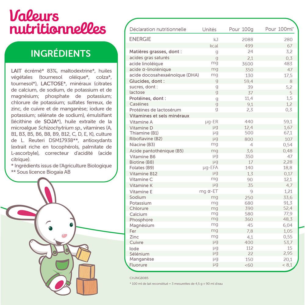 Tableau nutritionnel et liste des ingrédients de GUIGOZ® BIO Croissance 3. Contient lait, huiles, vitamines et minéraux. Avec illustration de lapin.