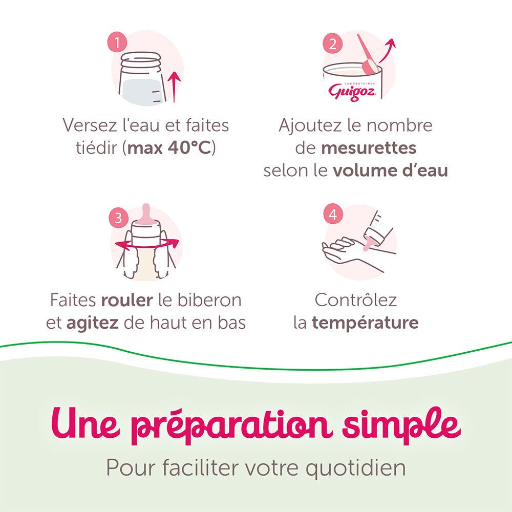 Instructions pour préparer GUIGOZ® BIO Croissance 3. 4 étapes : eau, poudre, secouer, vérifier la température. Préparation simple.