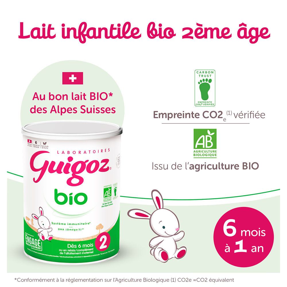 Boîte GUIGOZ® BIO Lait 2ème âge, texte et logo. Croix suisse et label AB.