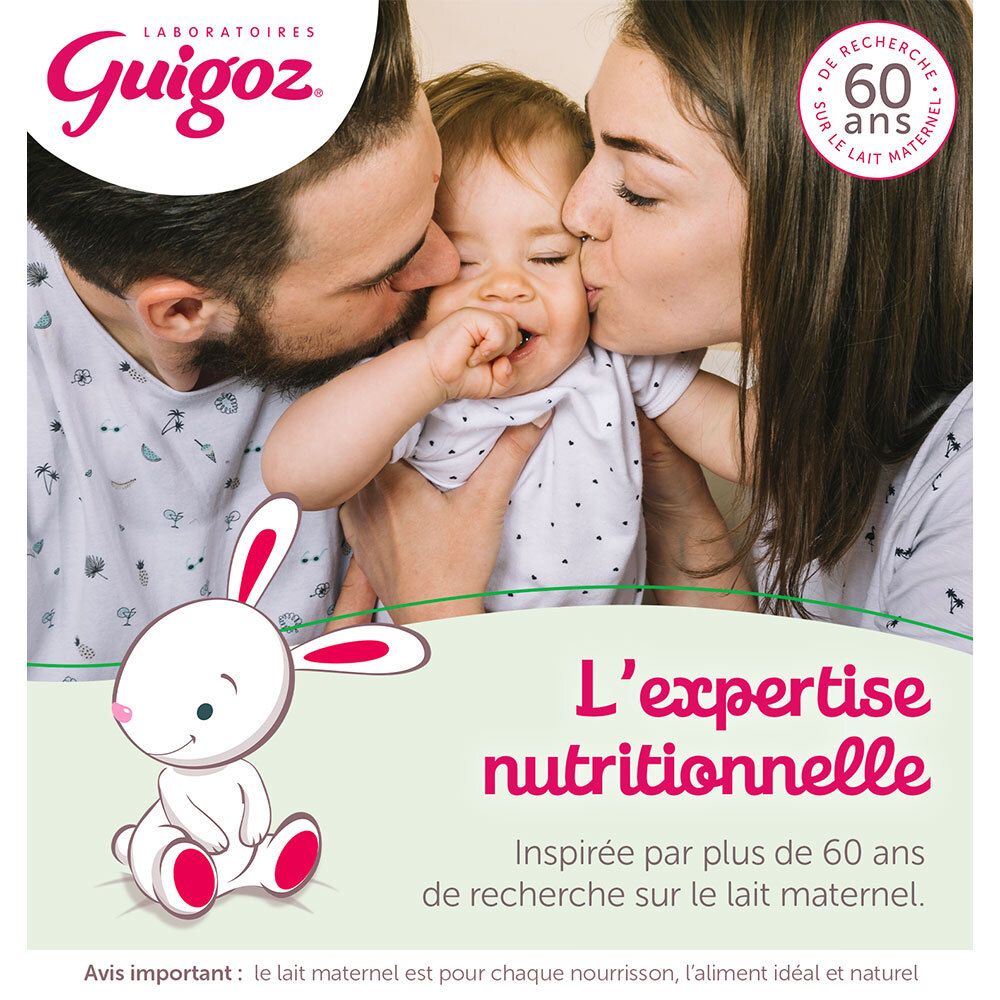 Famille embrassant bébé. Texte : expertise nutritionnelle. Logo GUIGOZ, lapin. 60 ans de recherche.