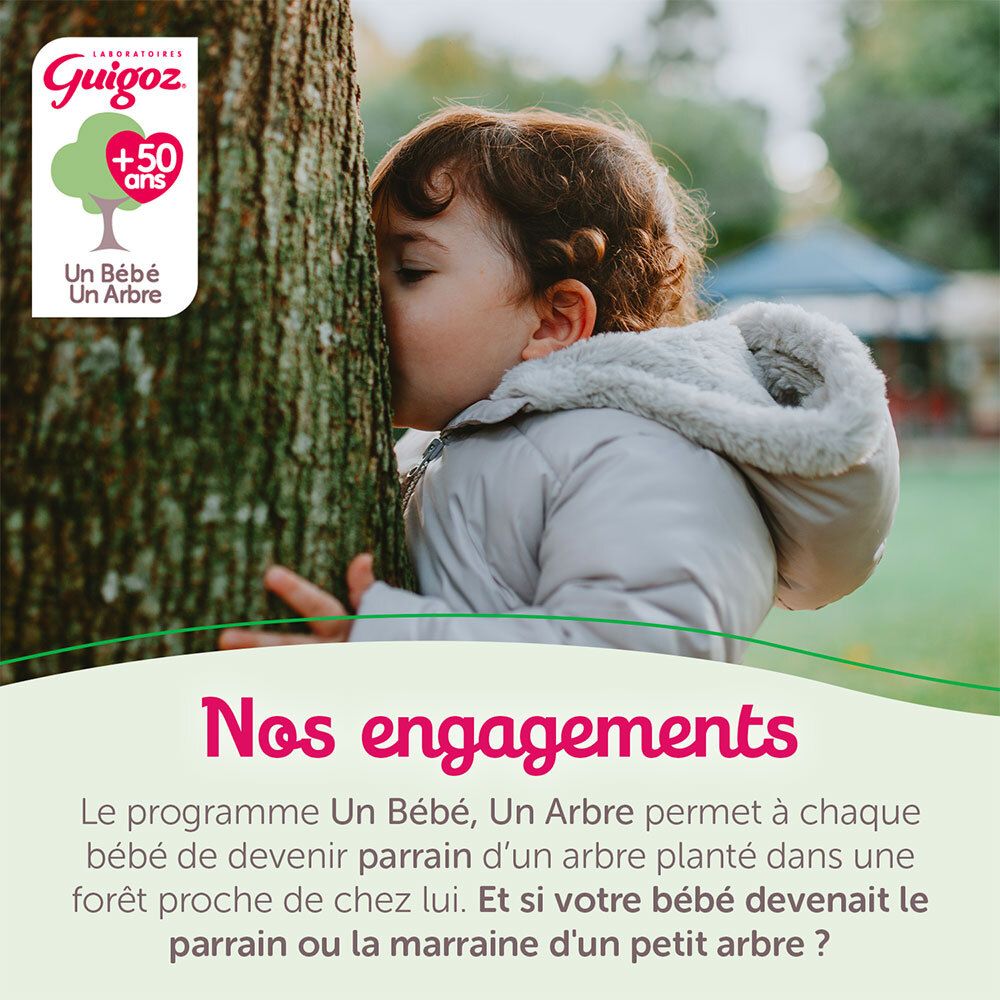 Enfant embrassant arbre. Texte : Nos engagements. Logo GUIGOZ, arbre. Programme bébé-arbre.