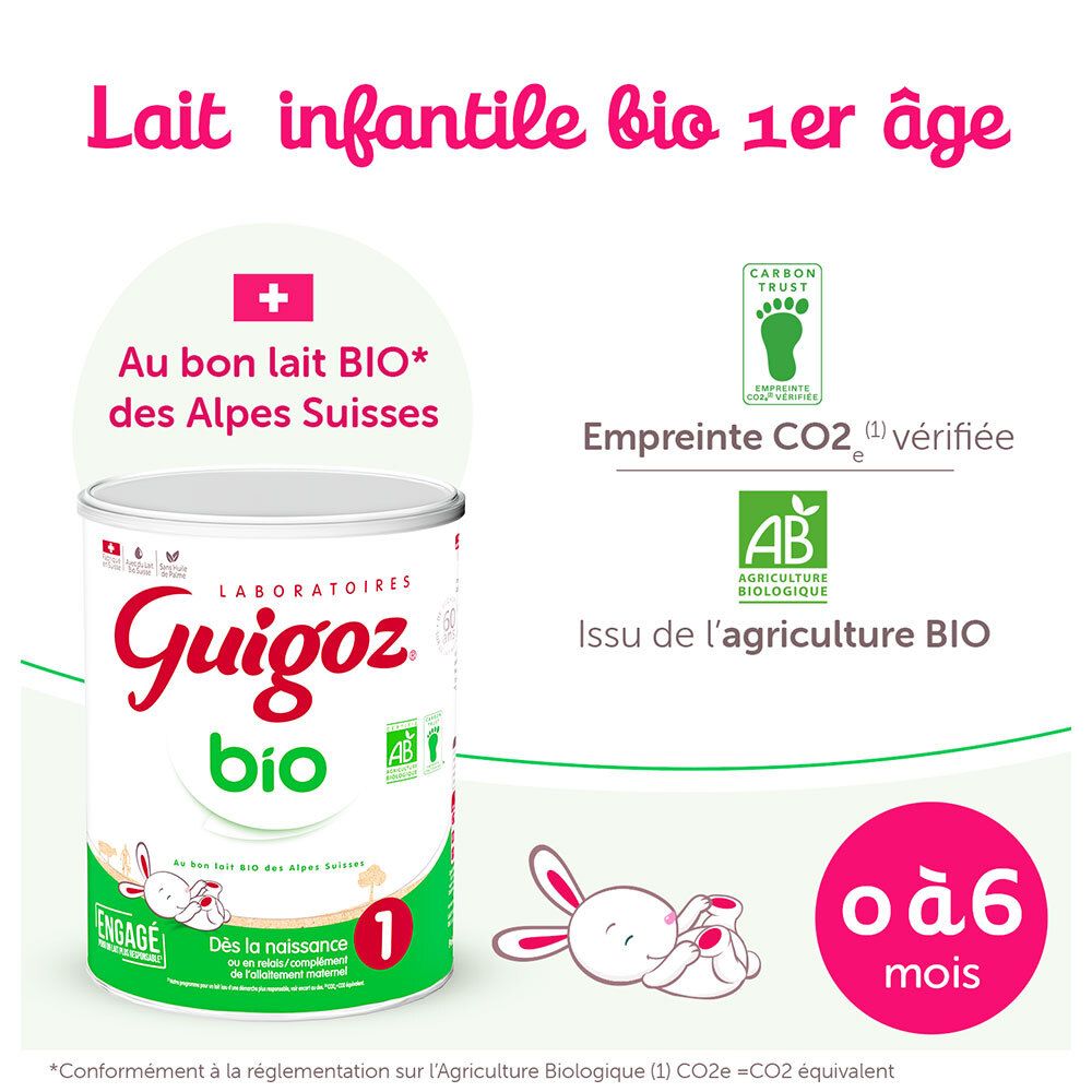Boîte de GUIGOZ® BIO Lait 1er âge. Lait suisse des Alpes. CO2 vérifié. Label bio. Pour bébés de 0 à 6 mois.