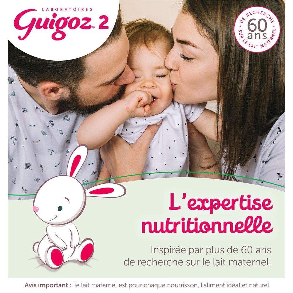Famille avec bébé. GUIGOZ® 2. 60 ans de recherche. Expertise nutritionnelle. Avis important : le lait maternel est idéal.