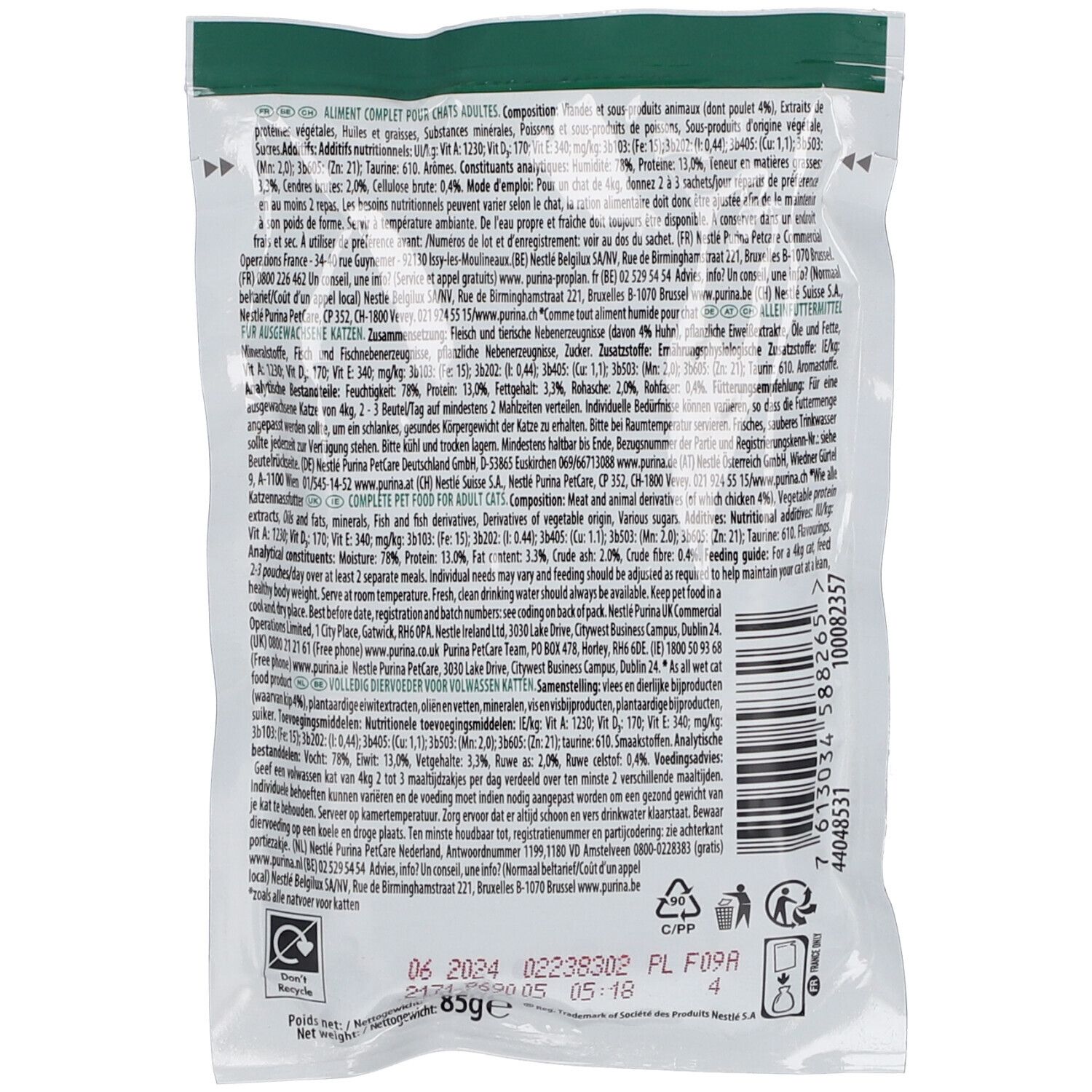PURINA® PRO PLAN® Sterilised Nutrisavour™. Verso de l'emballage. Texte : Alimento completo, 85g, date de péremption.
