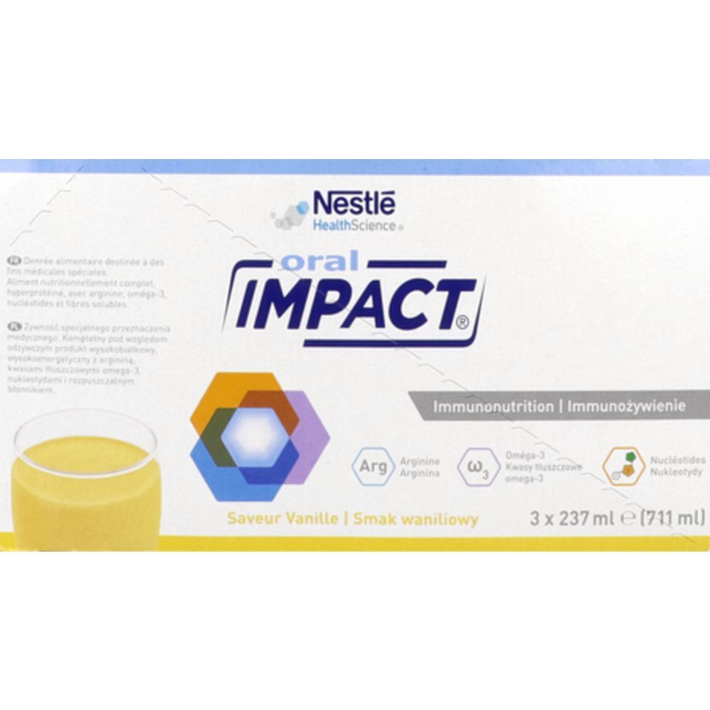 Boîte de Oral Impact, 3 x 237 ml. Inscription: Nestle HealthScience, Immunonutrition, Saveur Vanille.