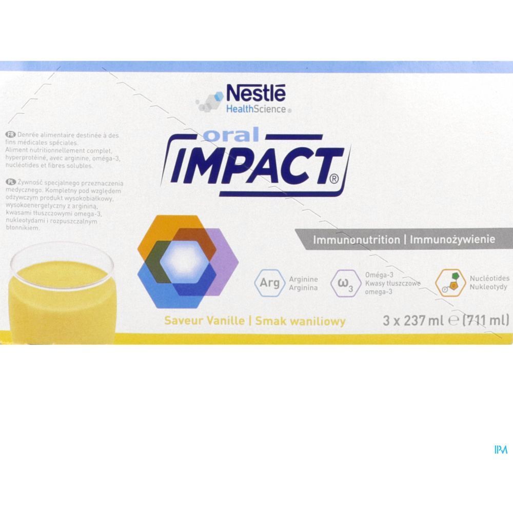 Boîte de Oral Impact, 3 x 237 ml. Inscription: Nestle HealthScience, Immunonutrition, Saveur Vanille.