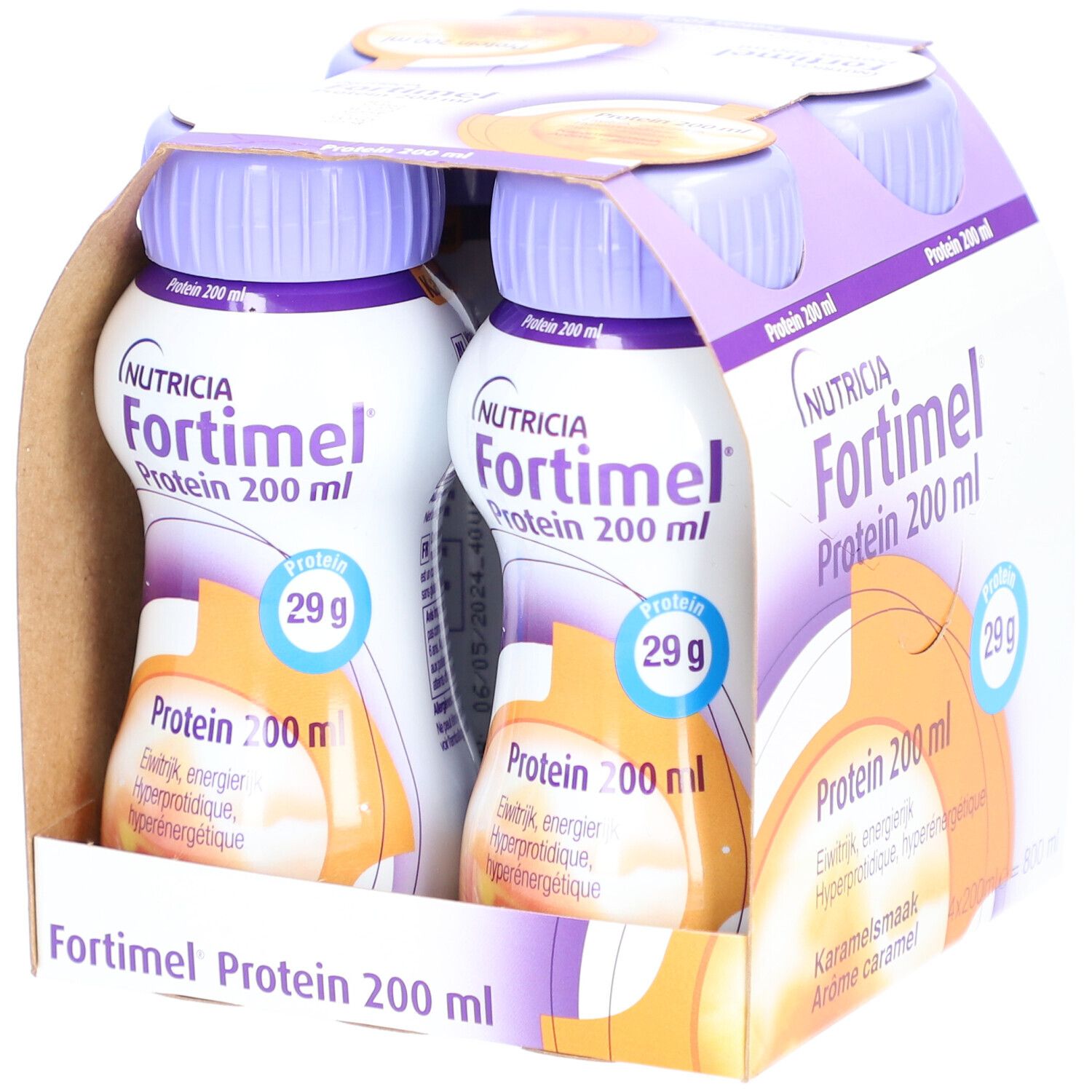 Emballage de quatre bouteilles Fortimel Protein Caramel. Inscription : Protéines 200 ml, 29 g. Arôme caramel. Bouteilles dans un carton.
